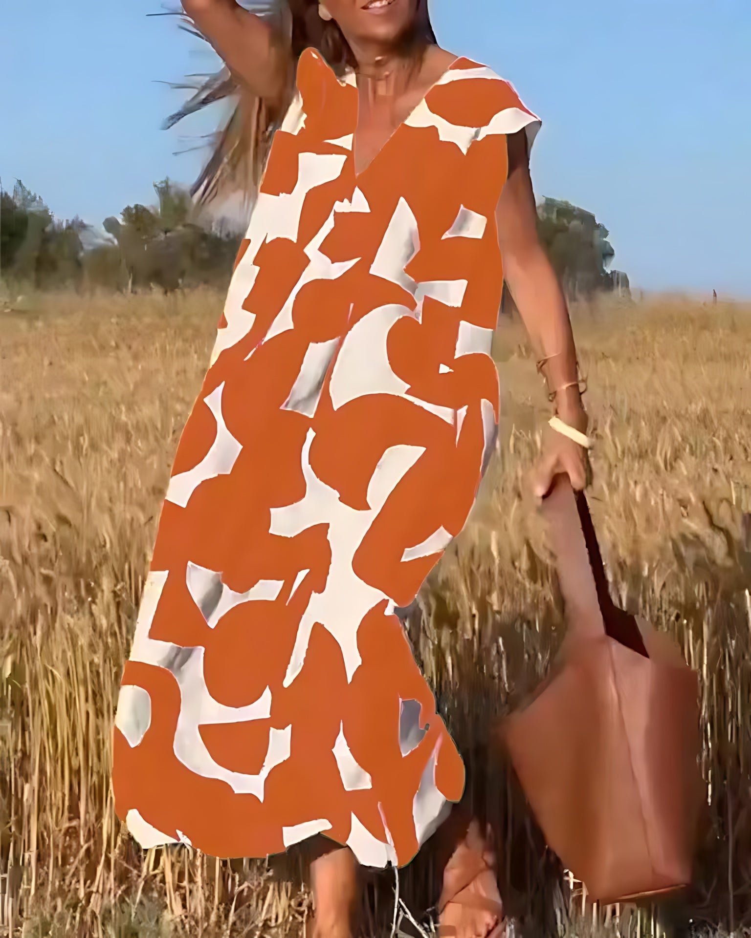 Amaya – Abstract Print V Neck Flowy Maxi Dress