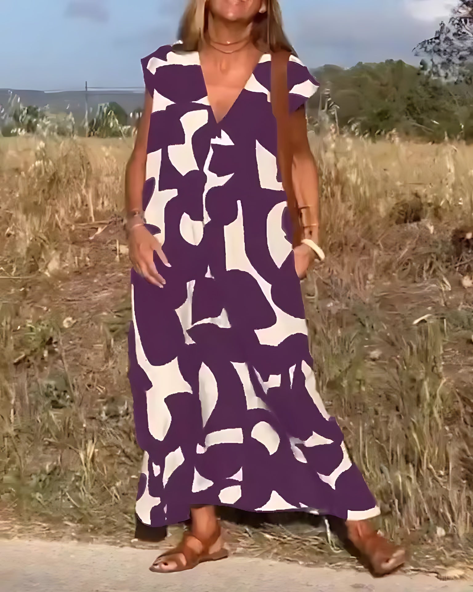 Amaya – Abstract Print V Neck Flowy Maxi Dress