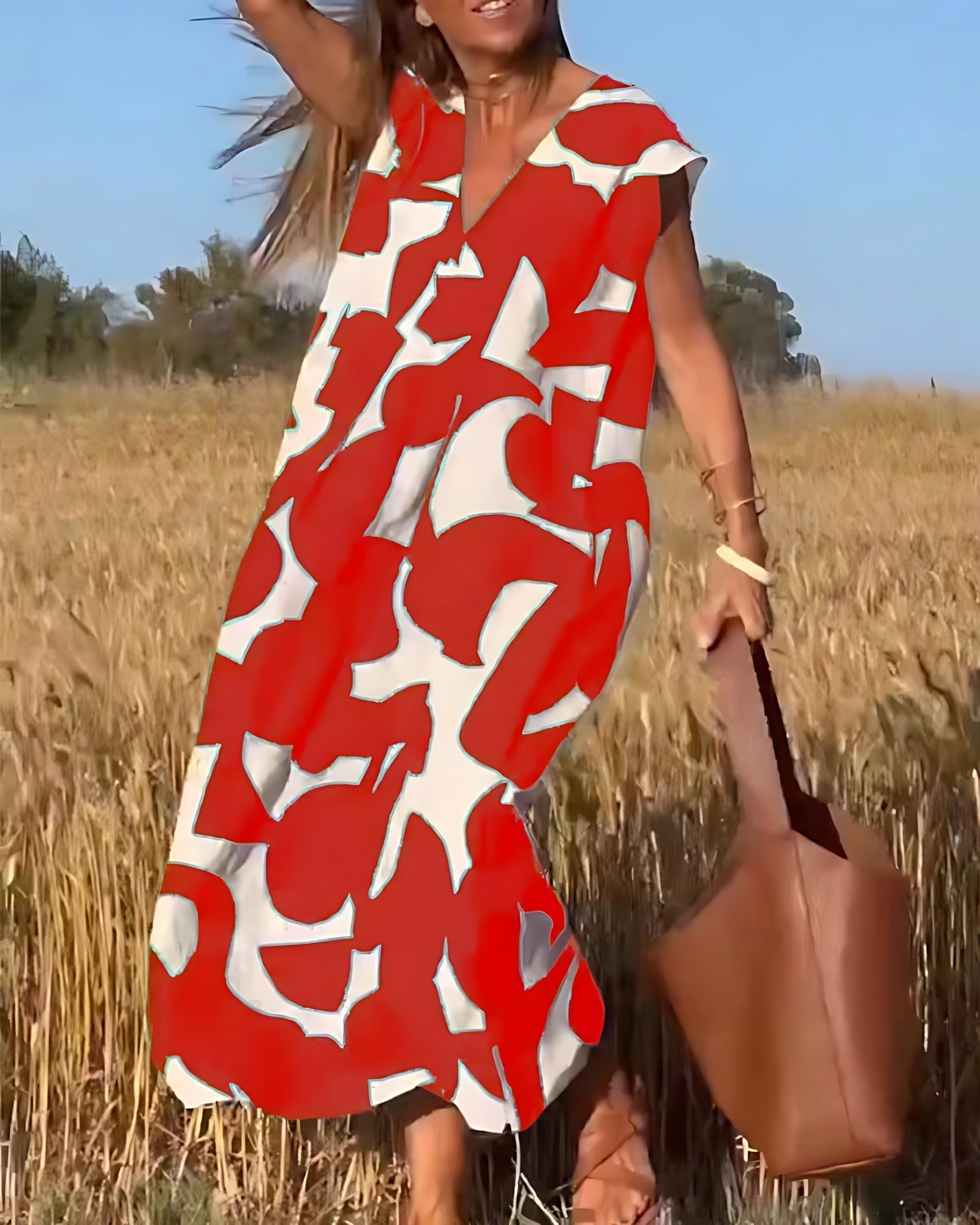 Amaya – Abstract Print V Neck Flowy Maxi Dress