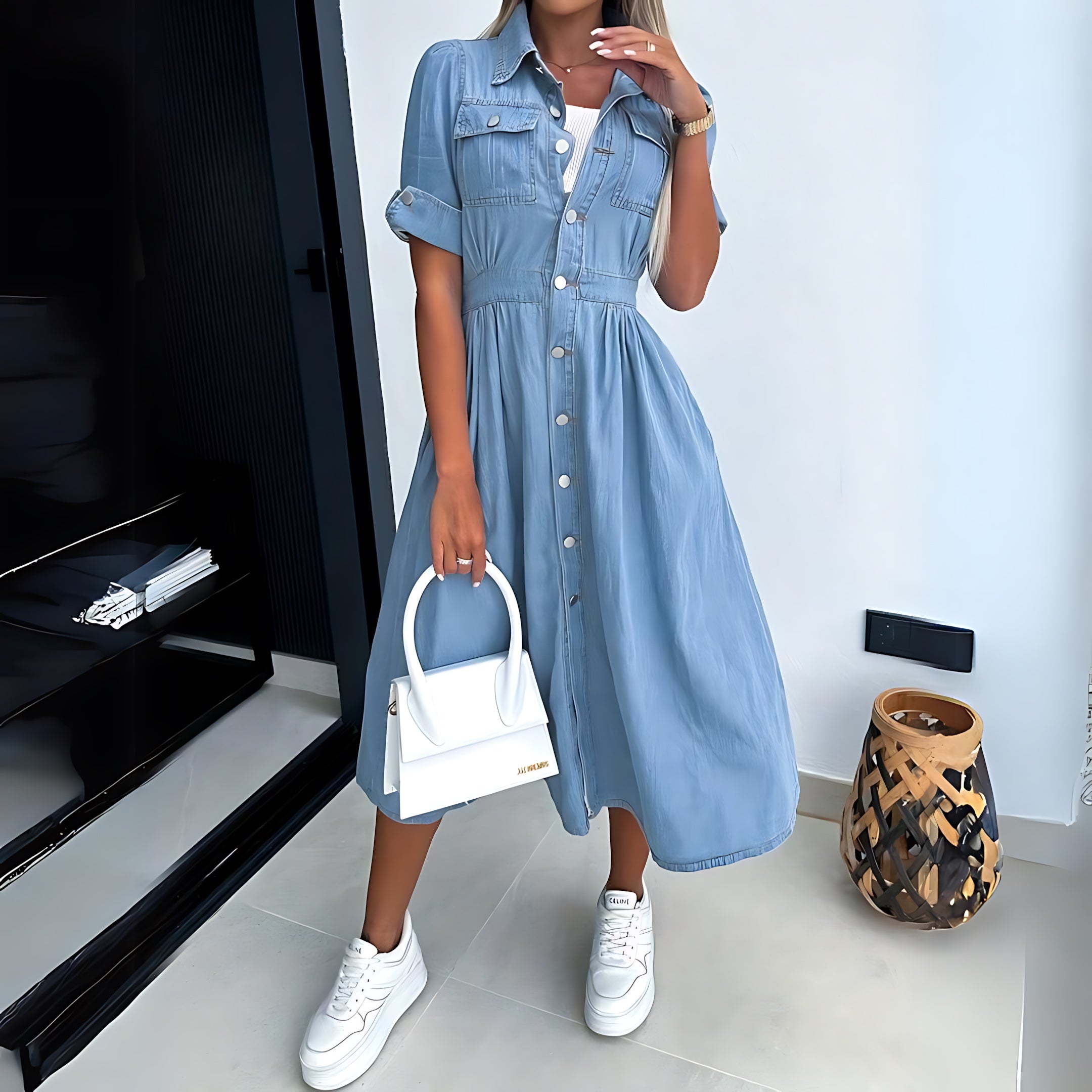 Amaya – Denim Short Sleeve Midi Shirt Dress