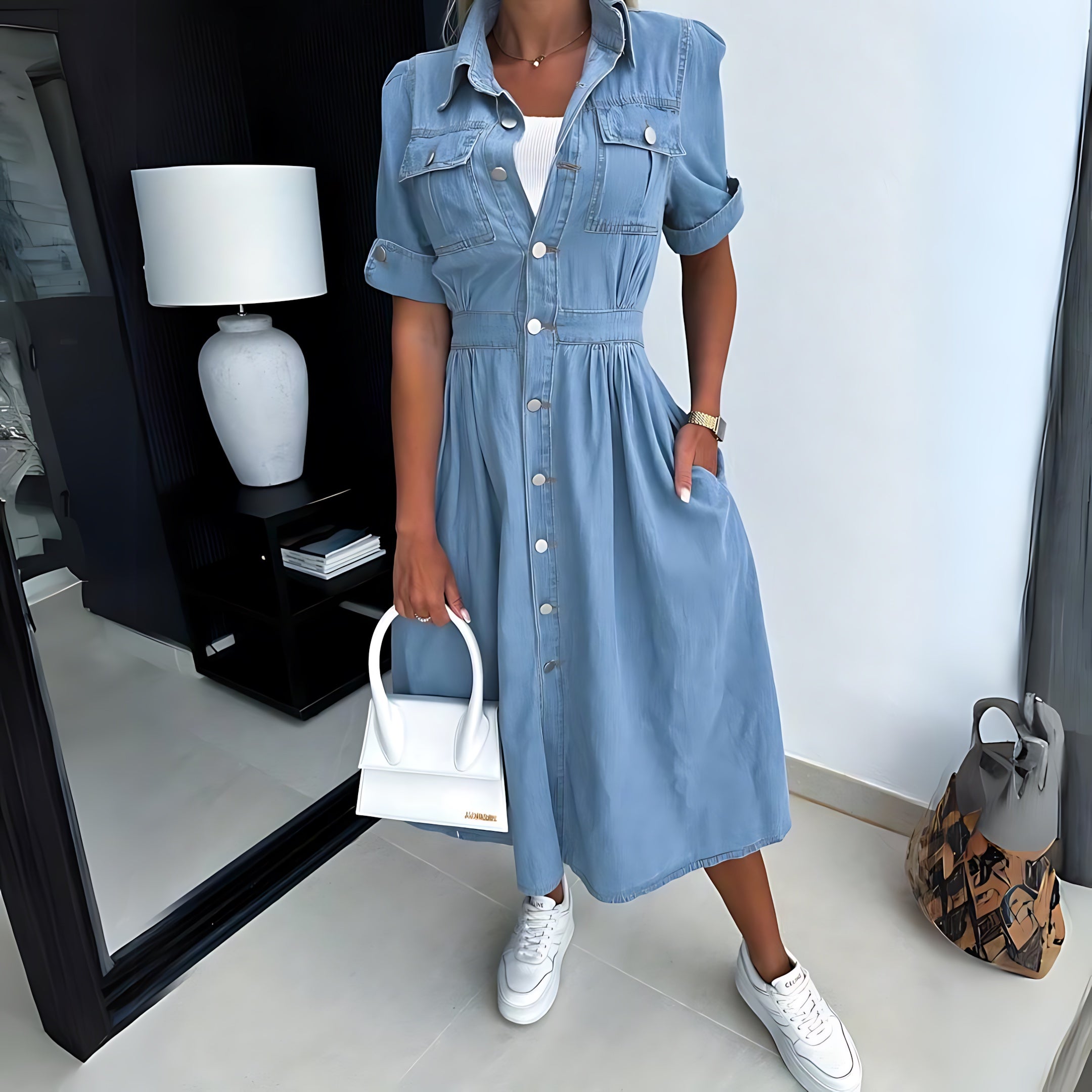 Amaya – Denim Short Sleeve Midi Shirt Dress