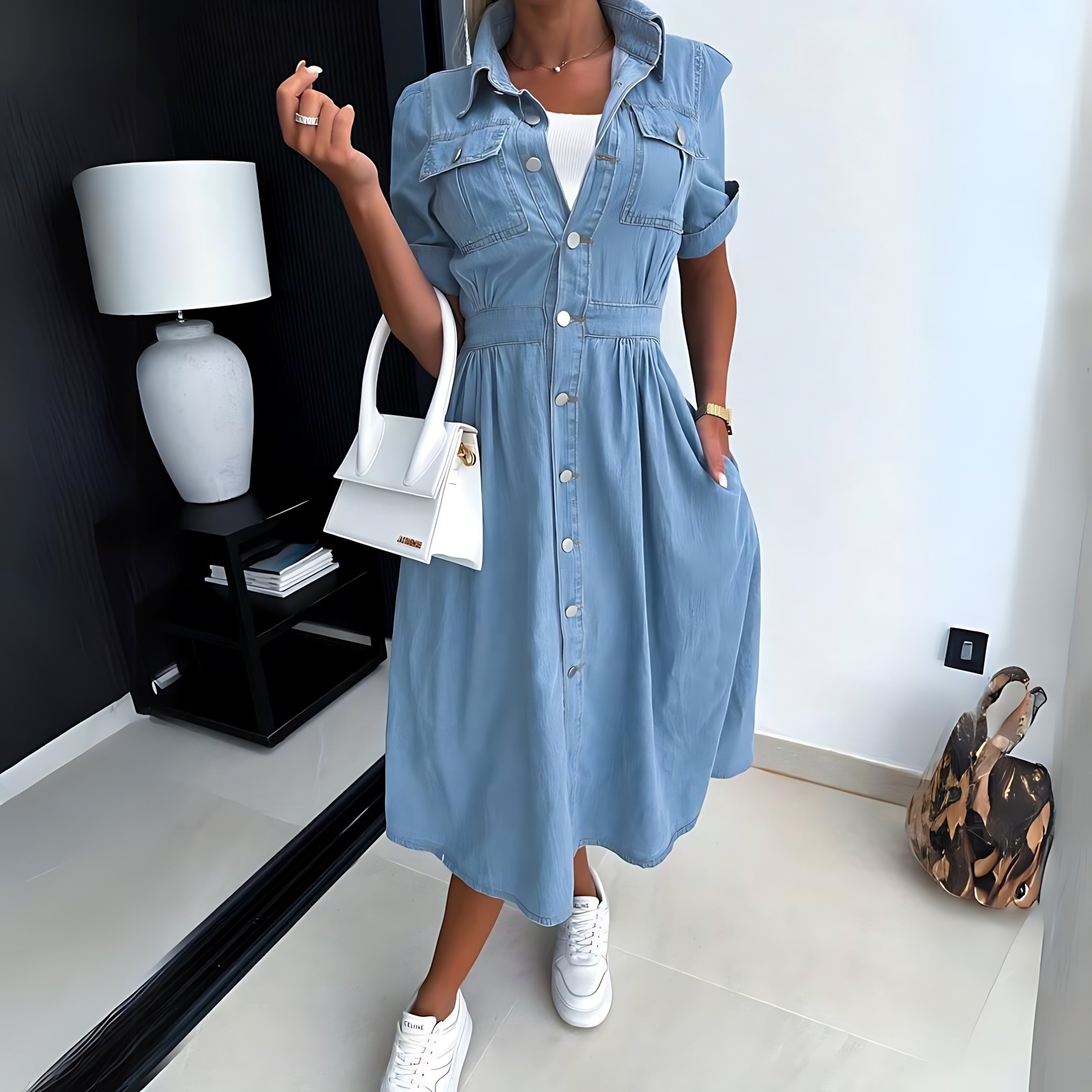 Amaya – Denim Short Sleeve Midi Shirt Dress