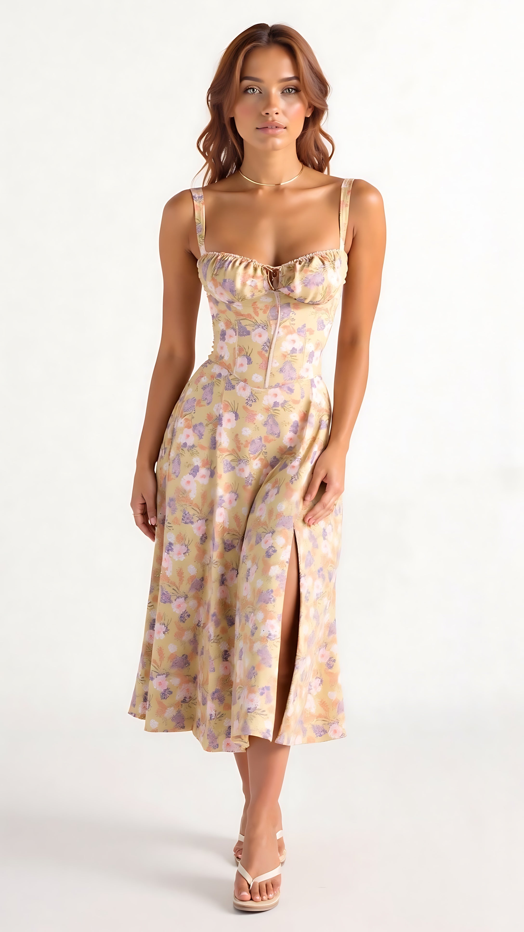 Amber – Floral Corset Sweetheart Cocktail Midi Dress
