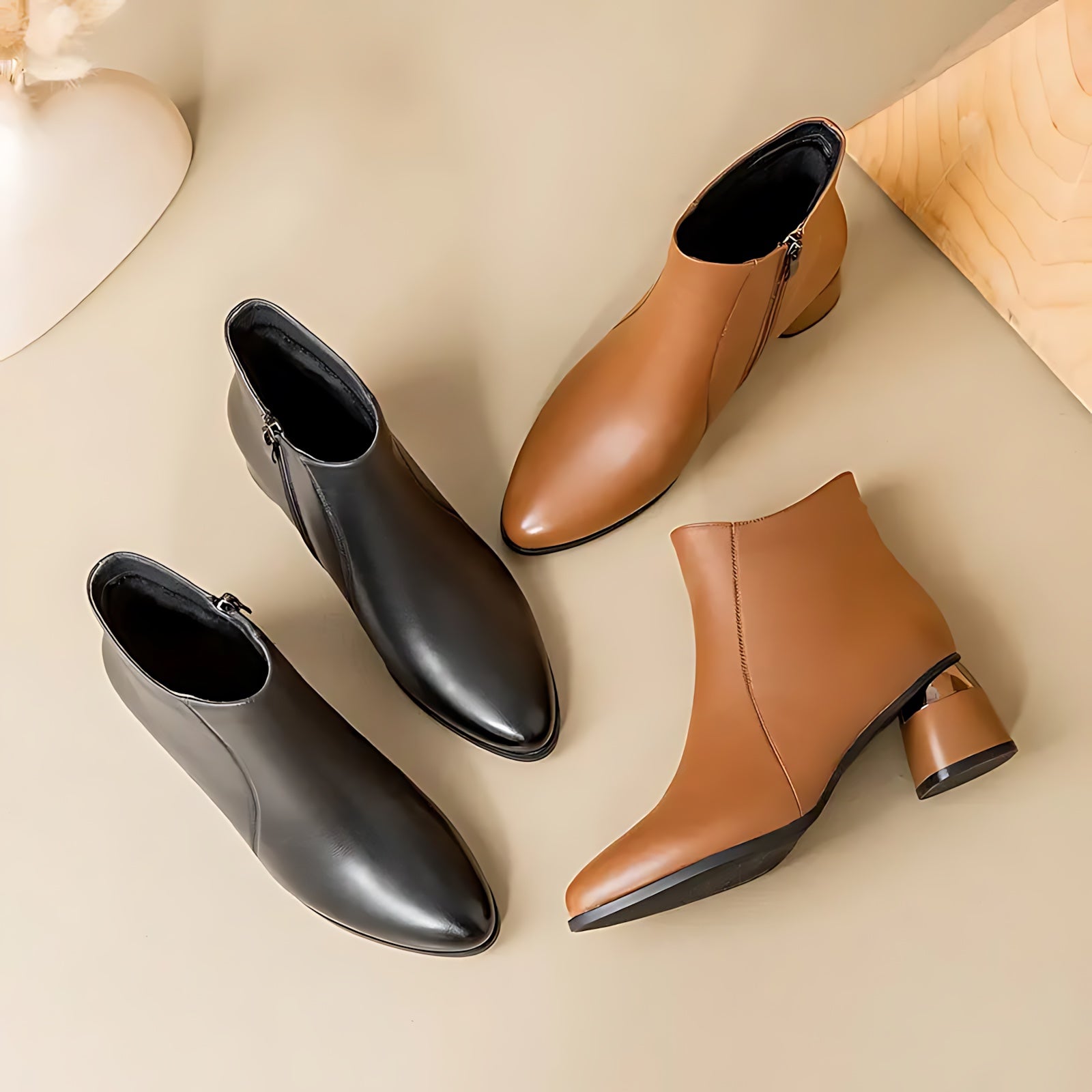 Amber – Leather Pointed Toe Block Heel Ankle Boots
