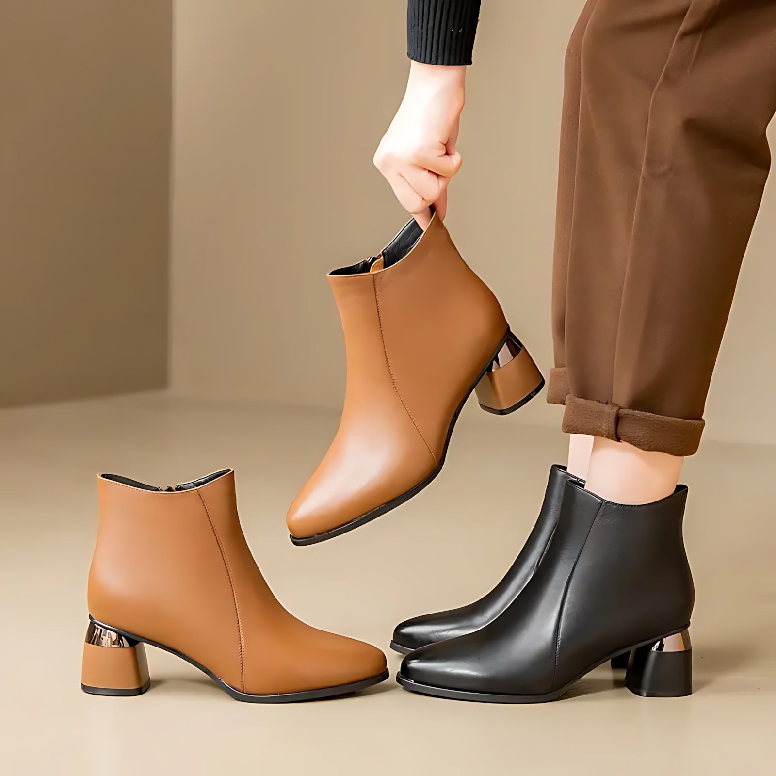 Amber – Leather Pointed Toe Block Heel Ankle Boots