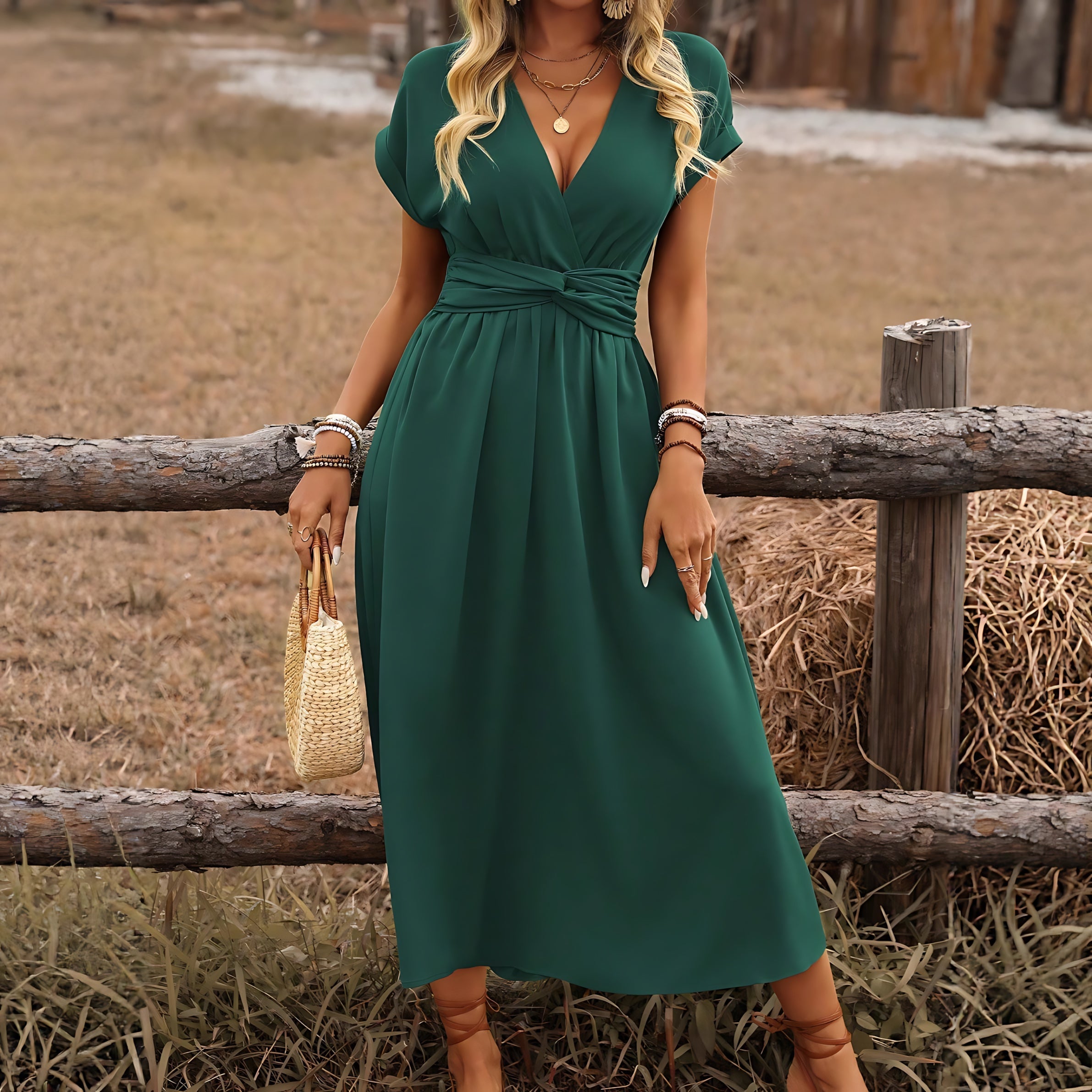 Amber – Wrap V Neck Flutter Sleeve Cocktail Midi Dress