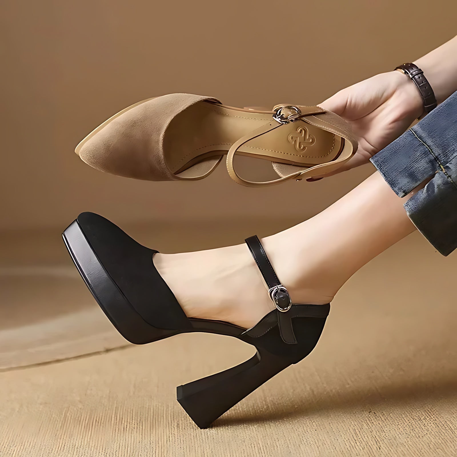 Amelia – Suede Ankle Strap Platform Pumps