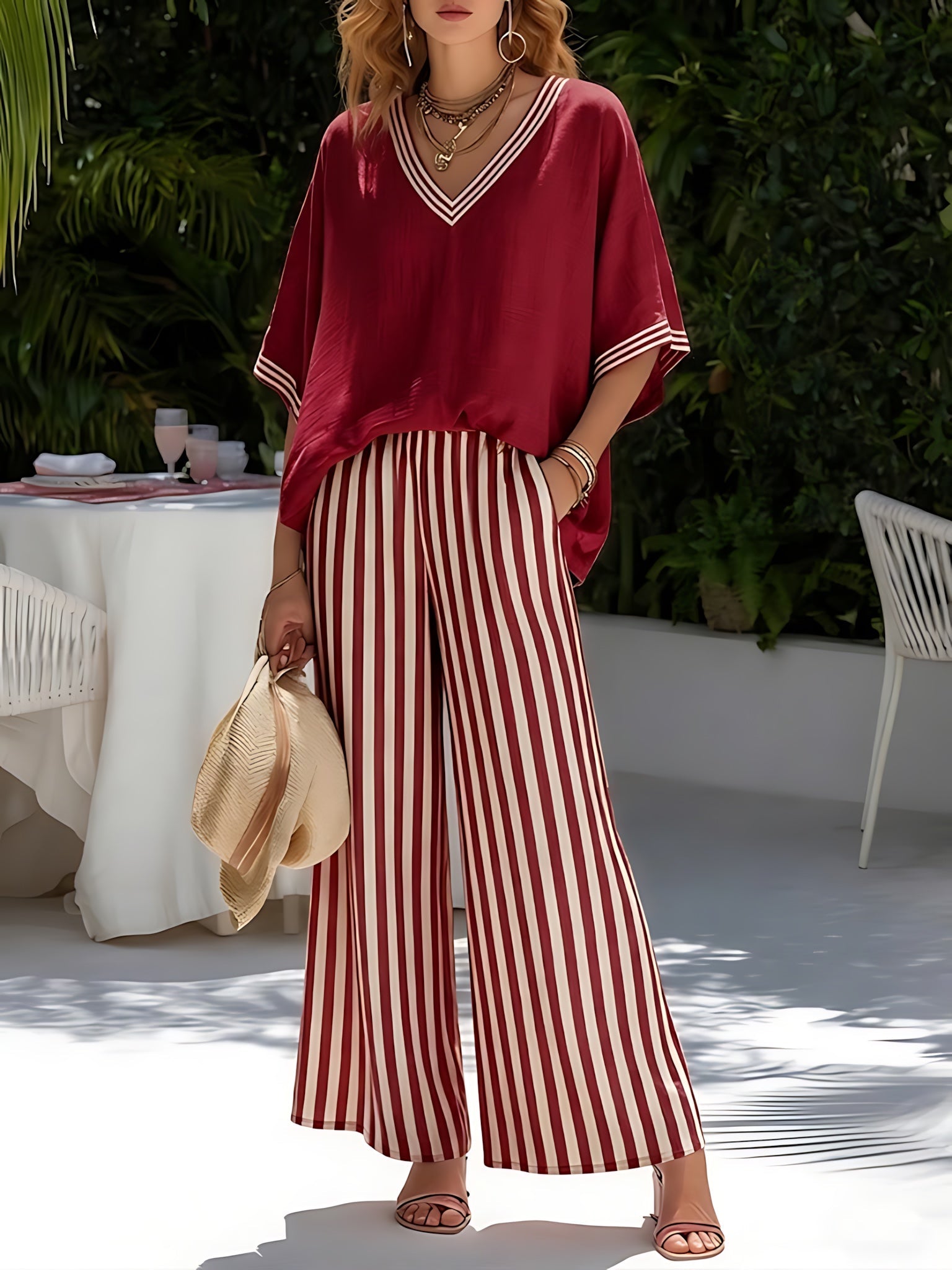 Amelia – V Neck Top and Striped Wide Leg Pants Set