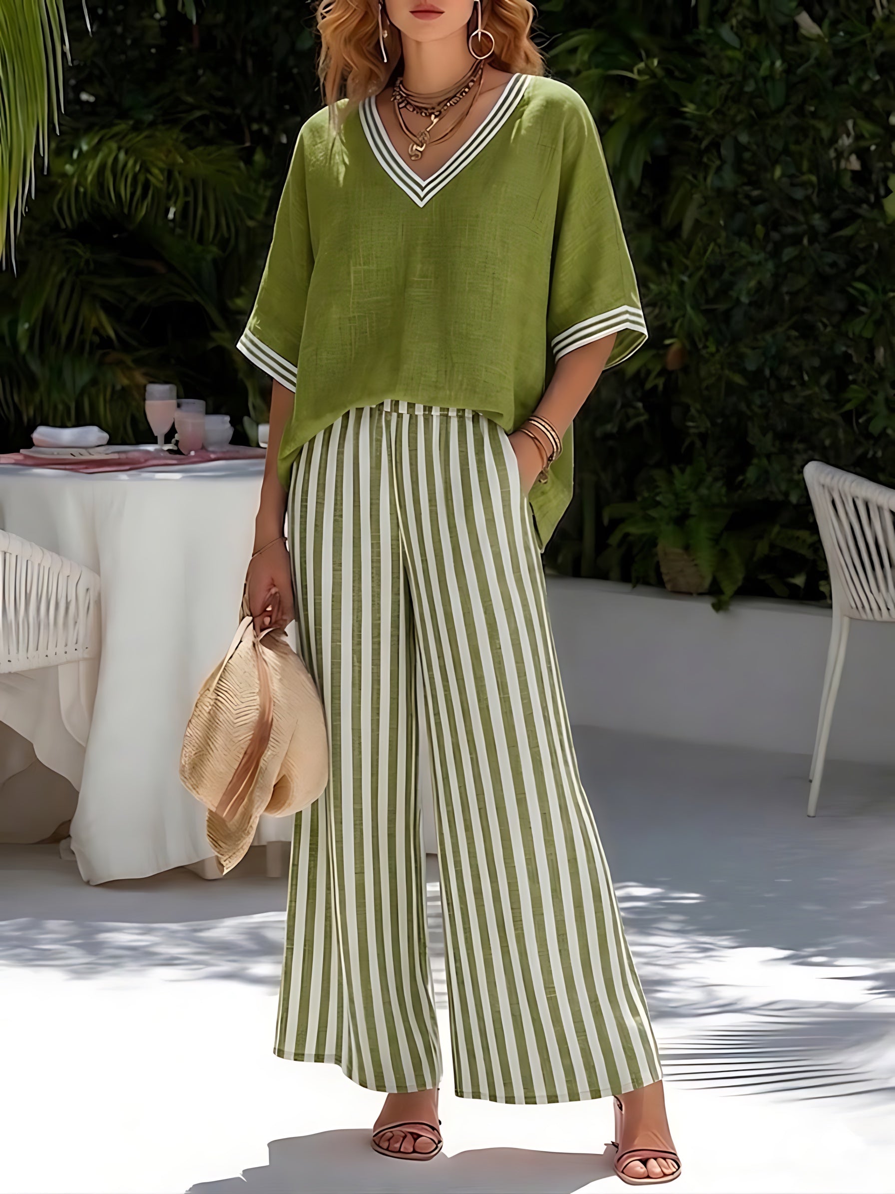 Amelia – V Neck Top and Striped Wide Leg Pants Set