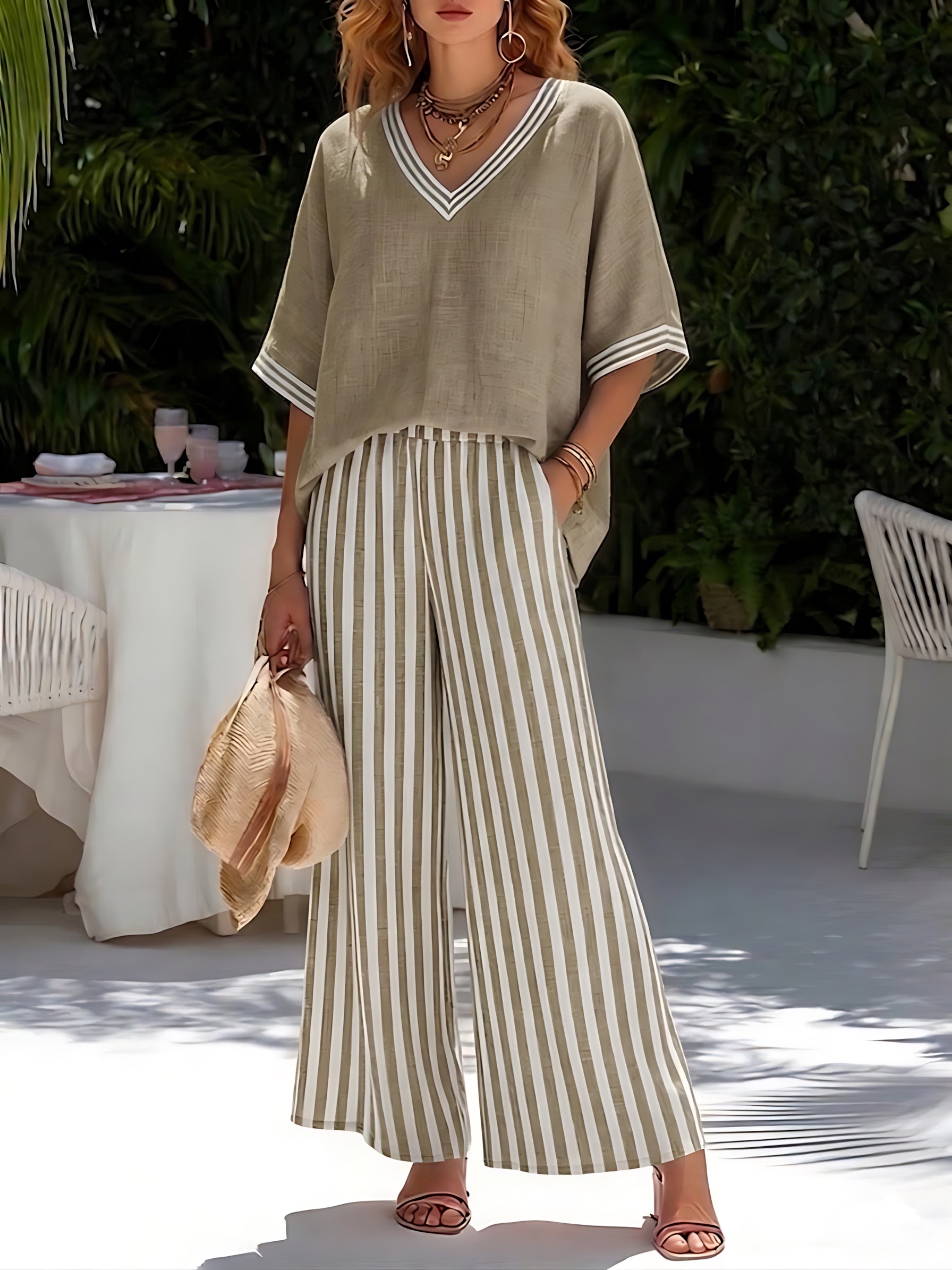 Amelia – V Neck Top and Striped Wide Leg Pants Set
