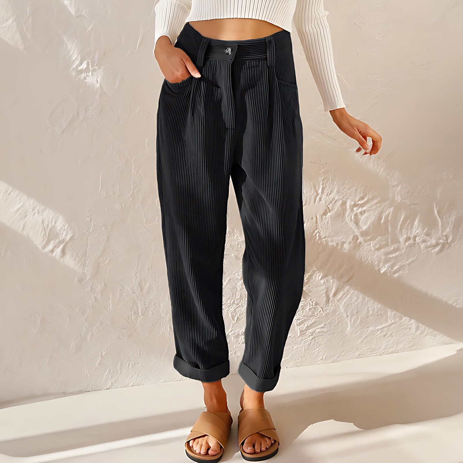 Andrea – Corduroy Pleated Tapered Pants