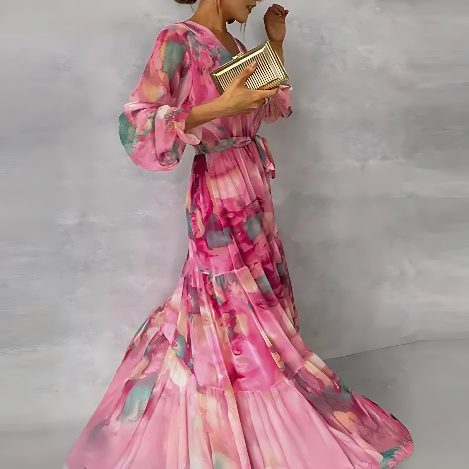 Andrea – Floral Print Ruffle Long Sleeve Maxi Dress