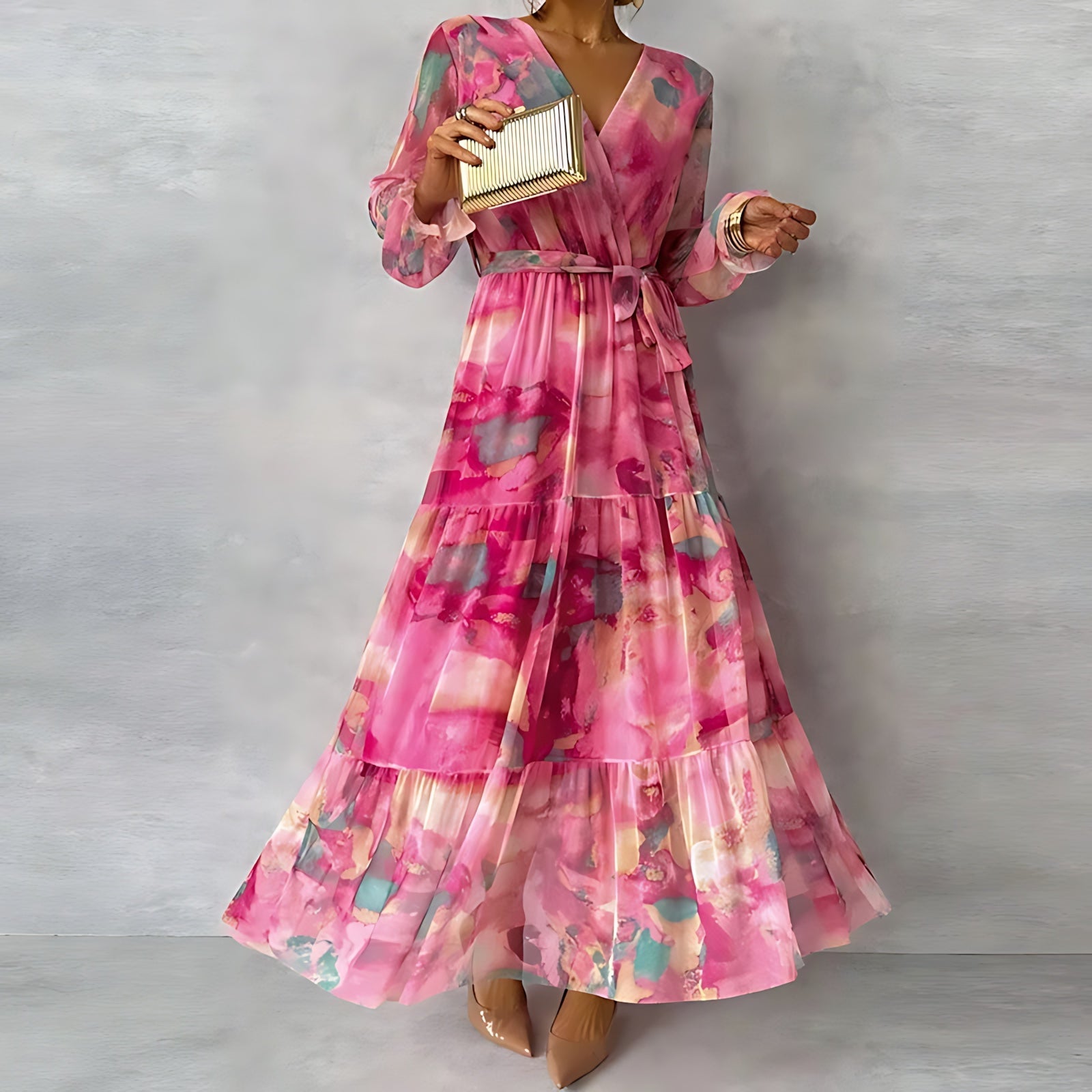 Andrea – Floral Print Ruffle Long Sleeve Maxi Dress