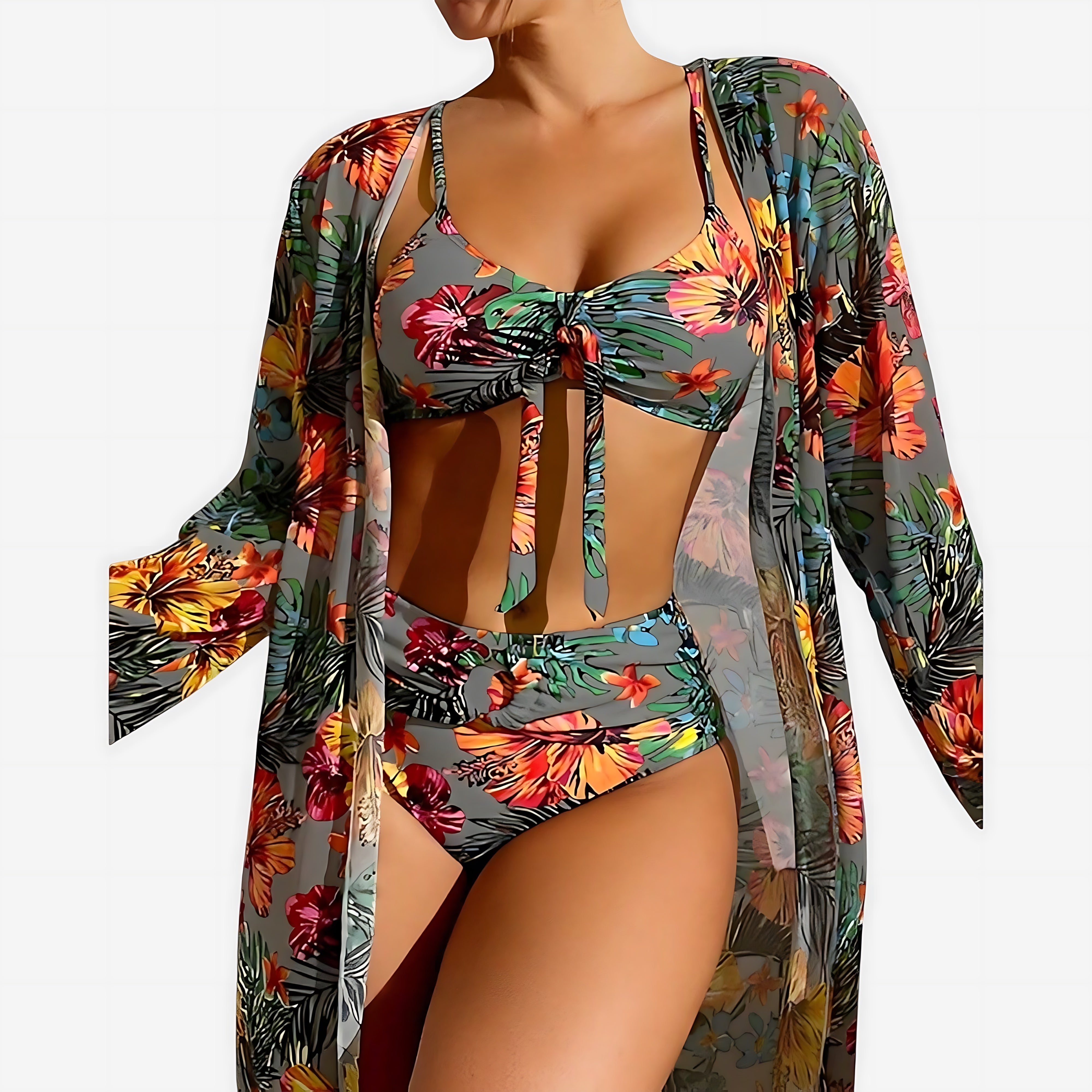 Andrea – Tropical Print Bikini and Kimono Cover Up Set