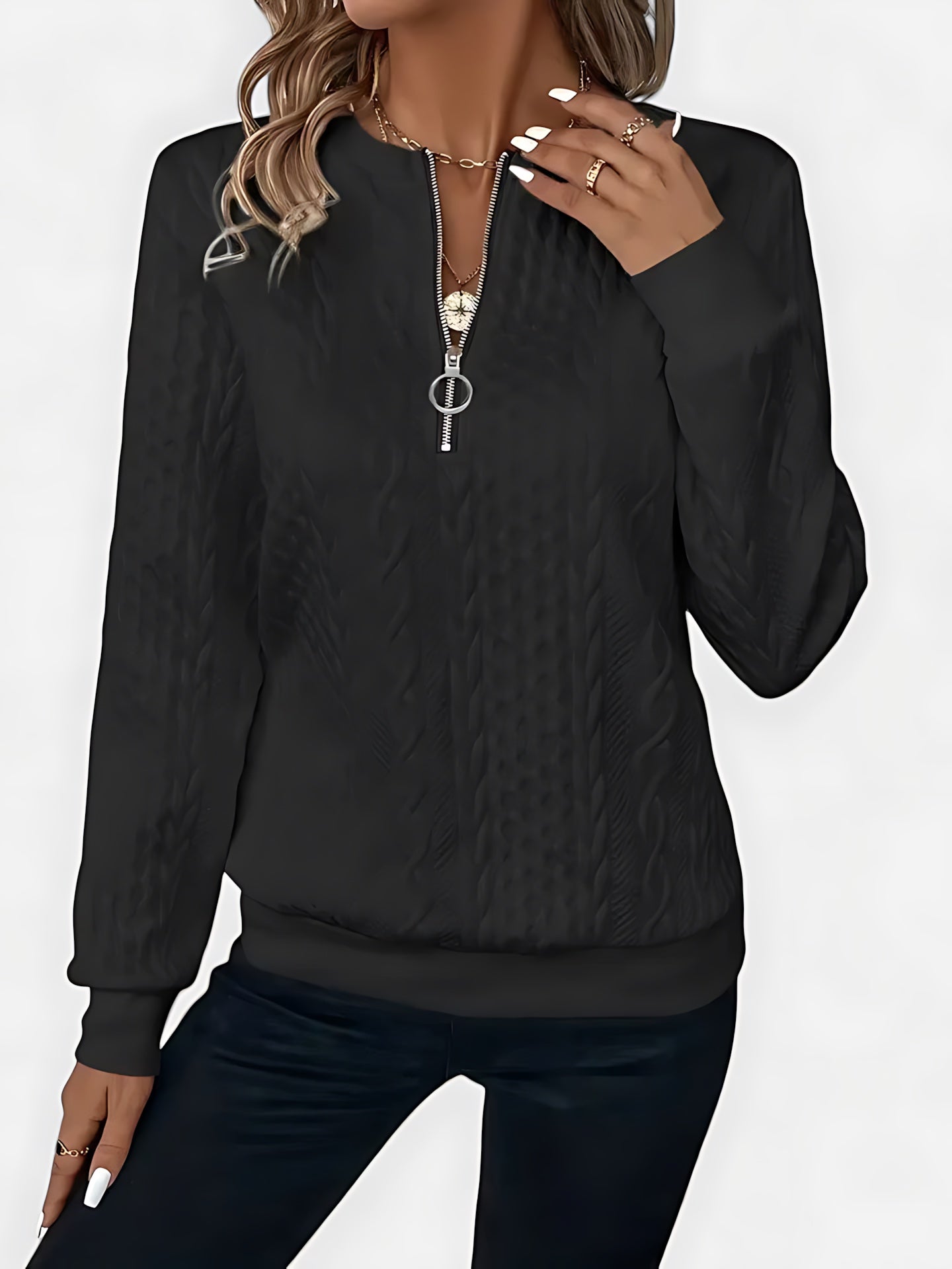 Anna – Cable Knit Half Zip Collared Sweater