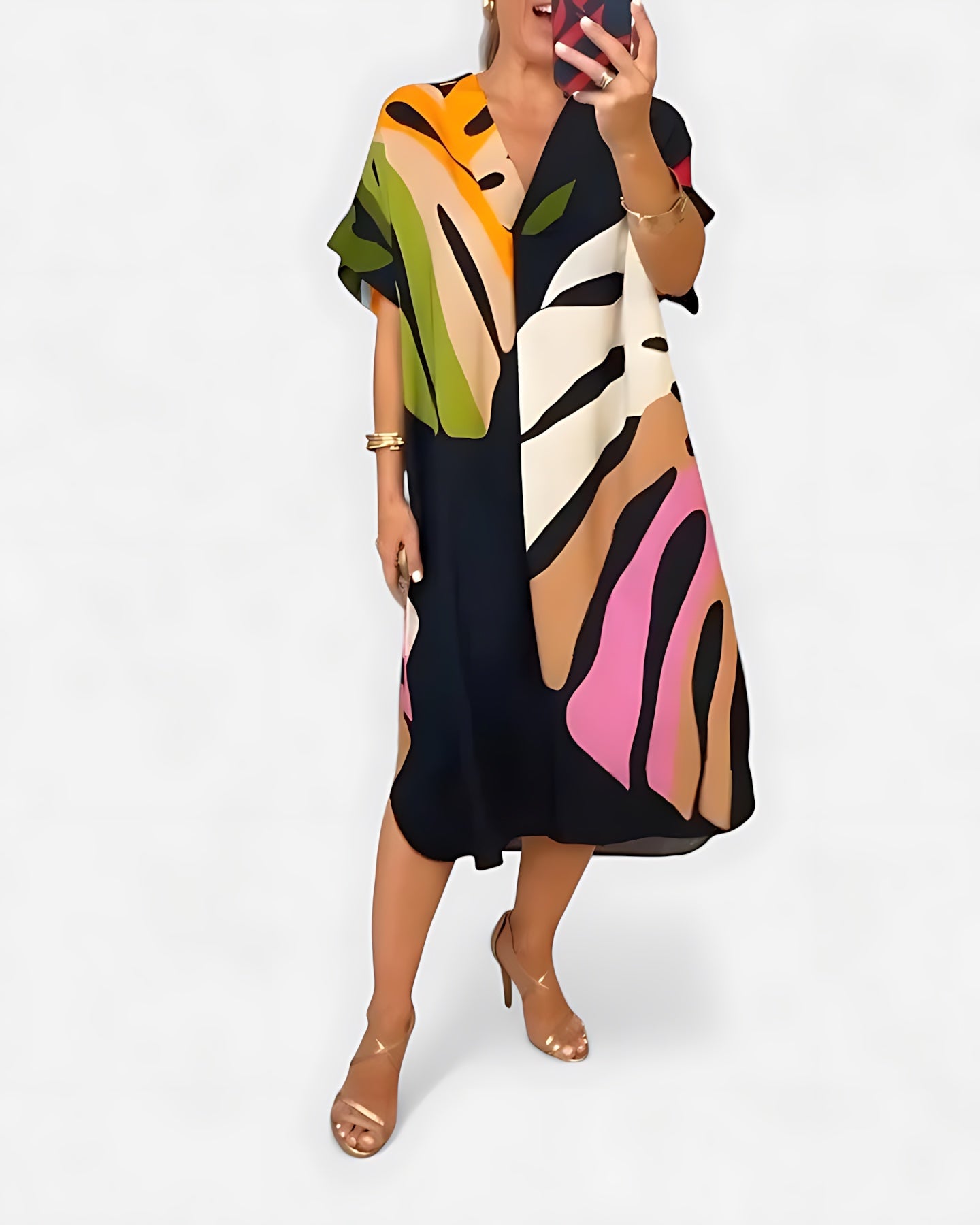 Annie – Abstract Print V Neck Kaftan Midi Dress
