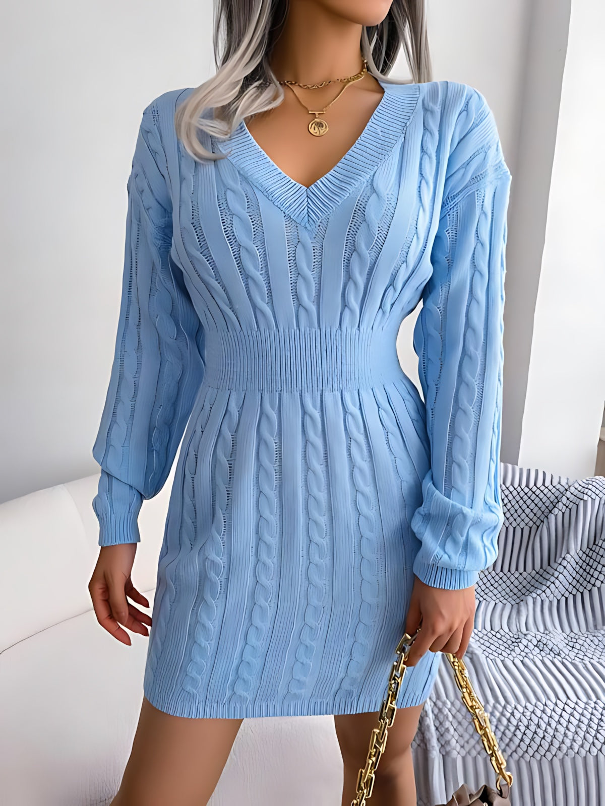 Annie – Cable Knit V Neck Mini Sweater Dress