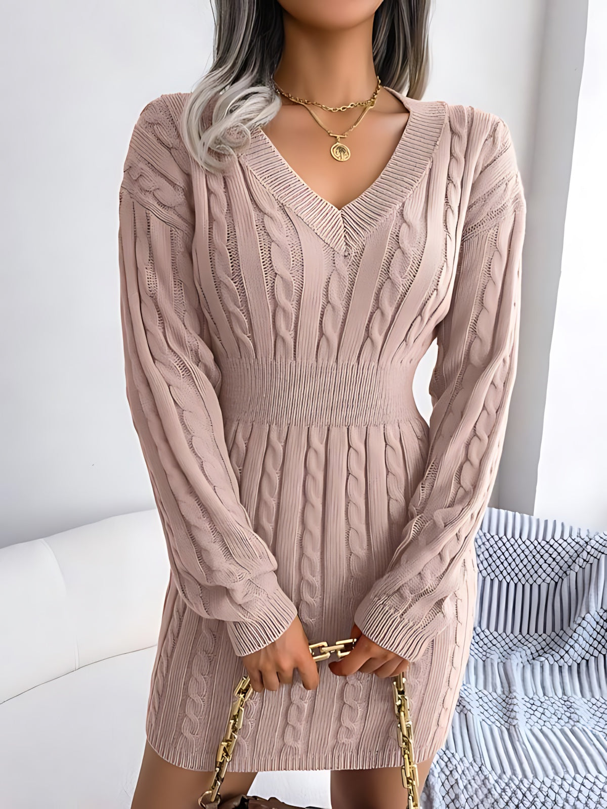 Annie – Cable Knit V Neck Mini Sweater Dress