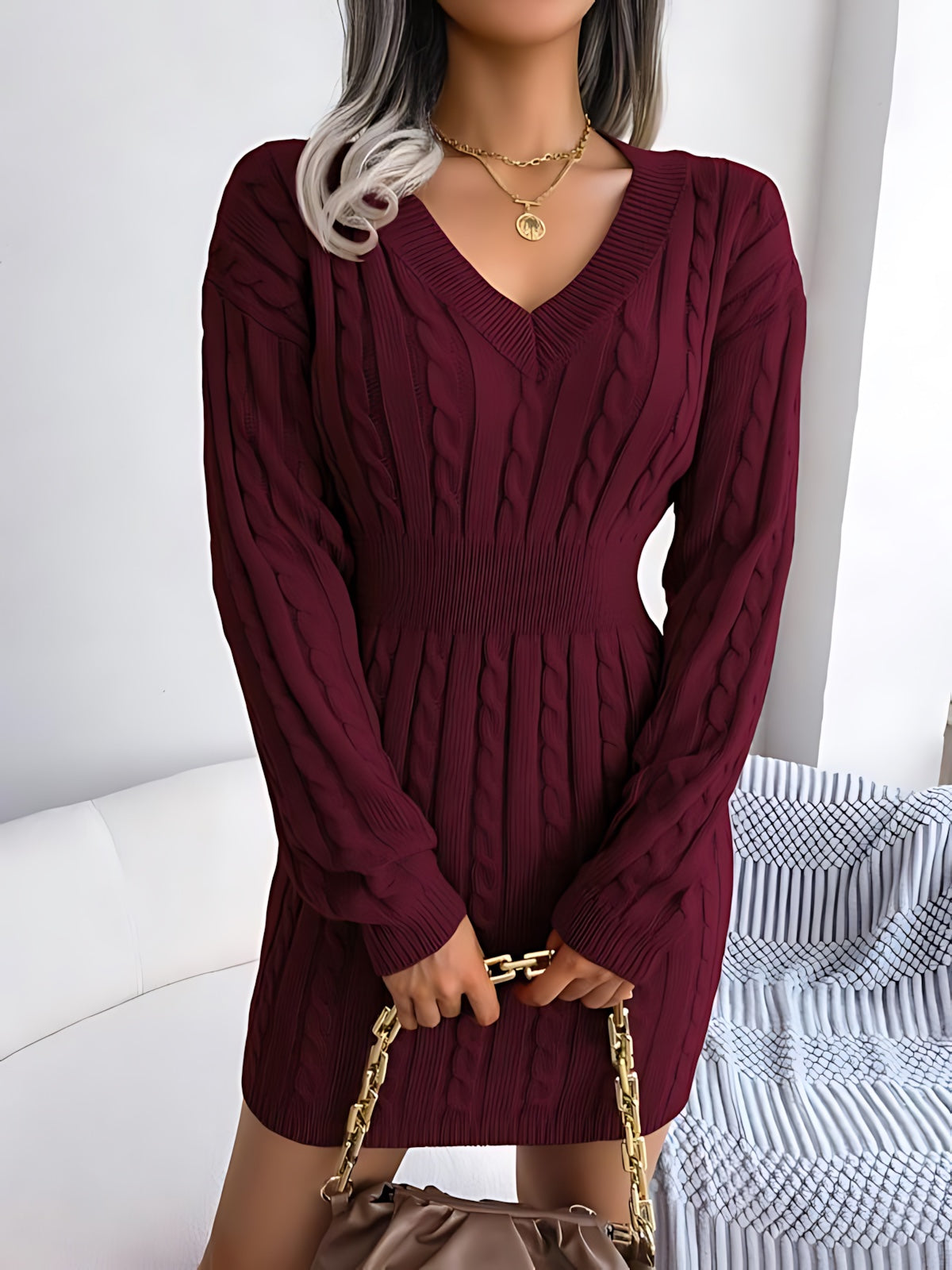 Annie – Cable Knit V Neck Mini Sweater Dress