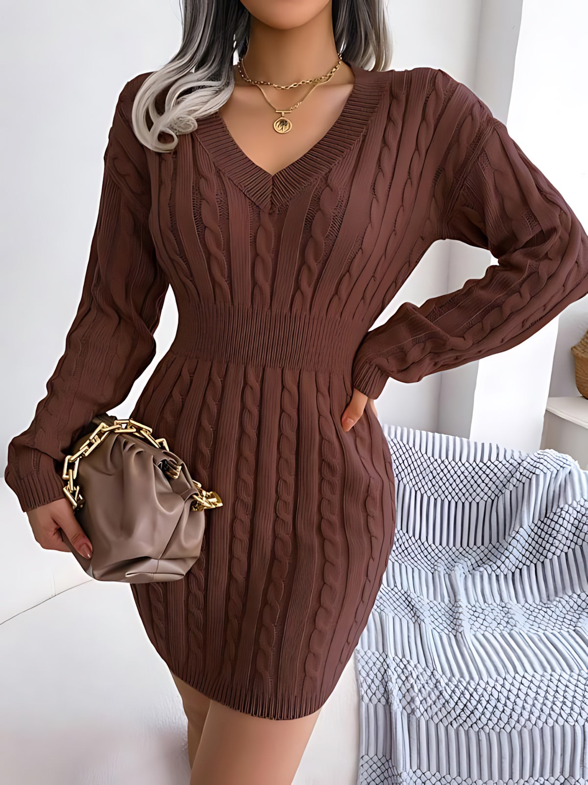 Annie – Cable Knit V Neck Mini Sweater Dress