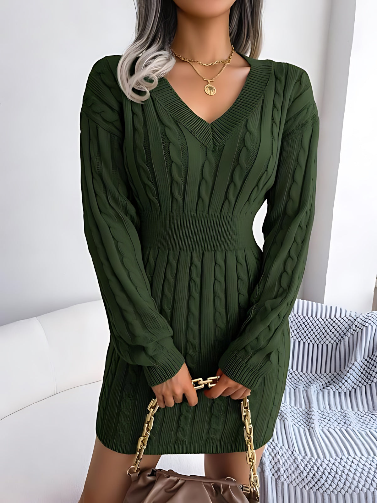 Annie – Cable Knit V Neck Mini Sweater Dress