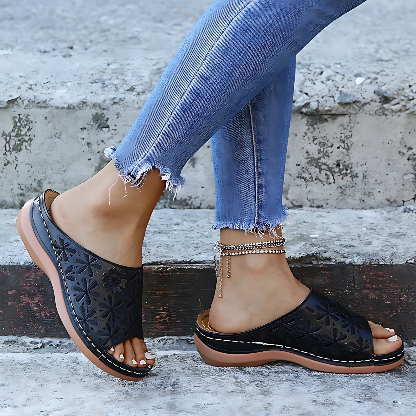 Annie – Embossed Peep Toe Wedge Slide Sandals