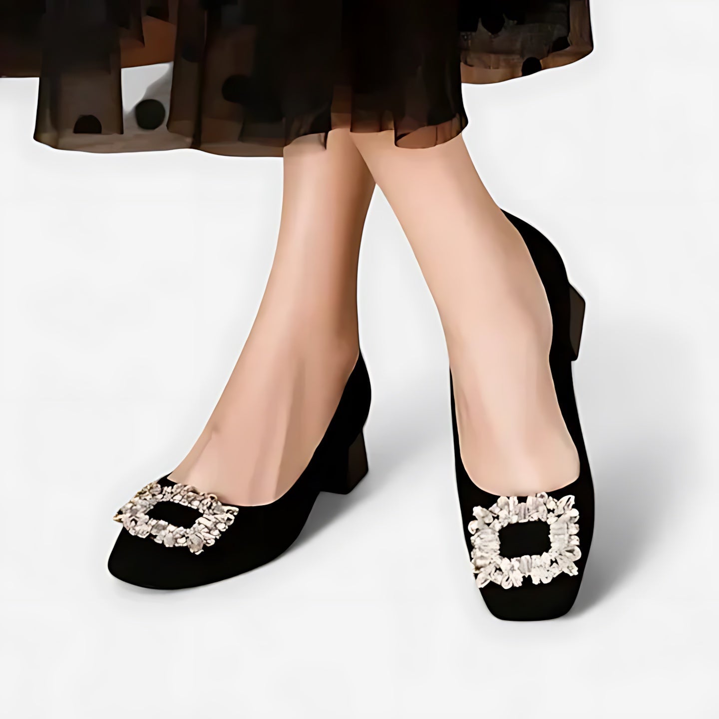 Aria – Crystal Embellished Suede Square Toe Pumps