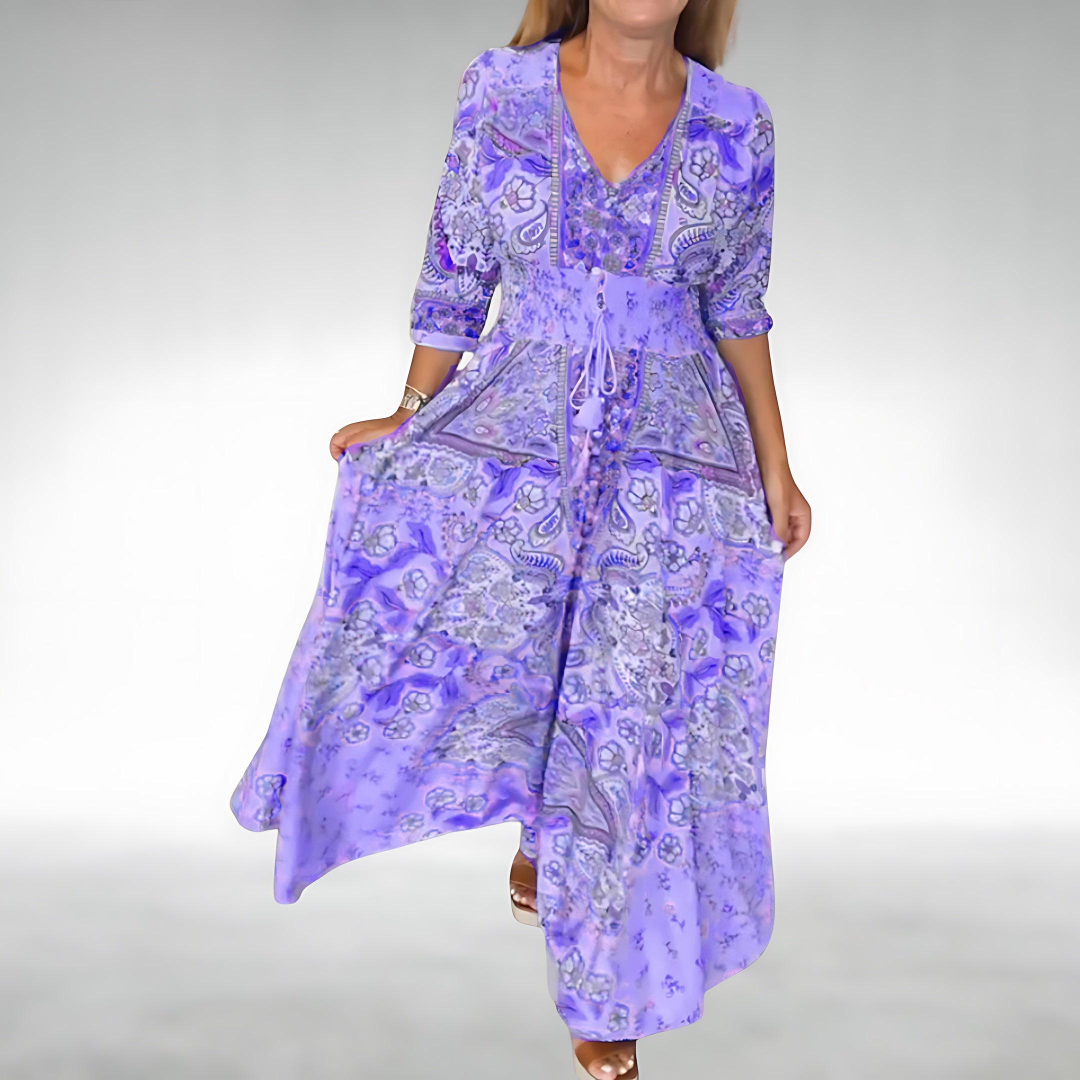 Aria – Floral Print Puff Sleeve V Neck Maxi Dress