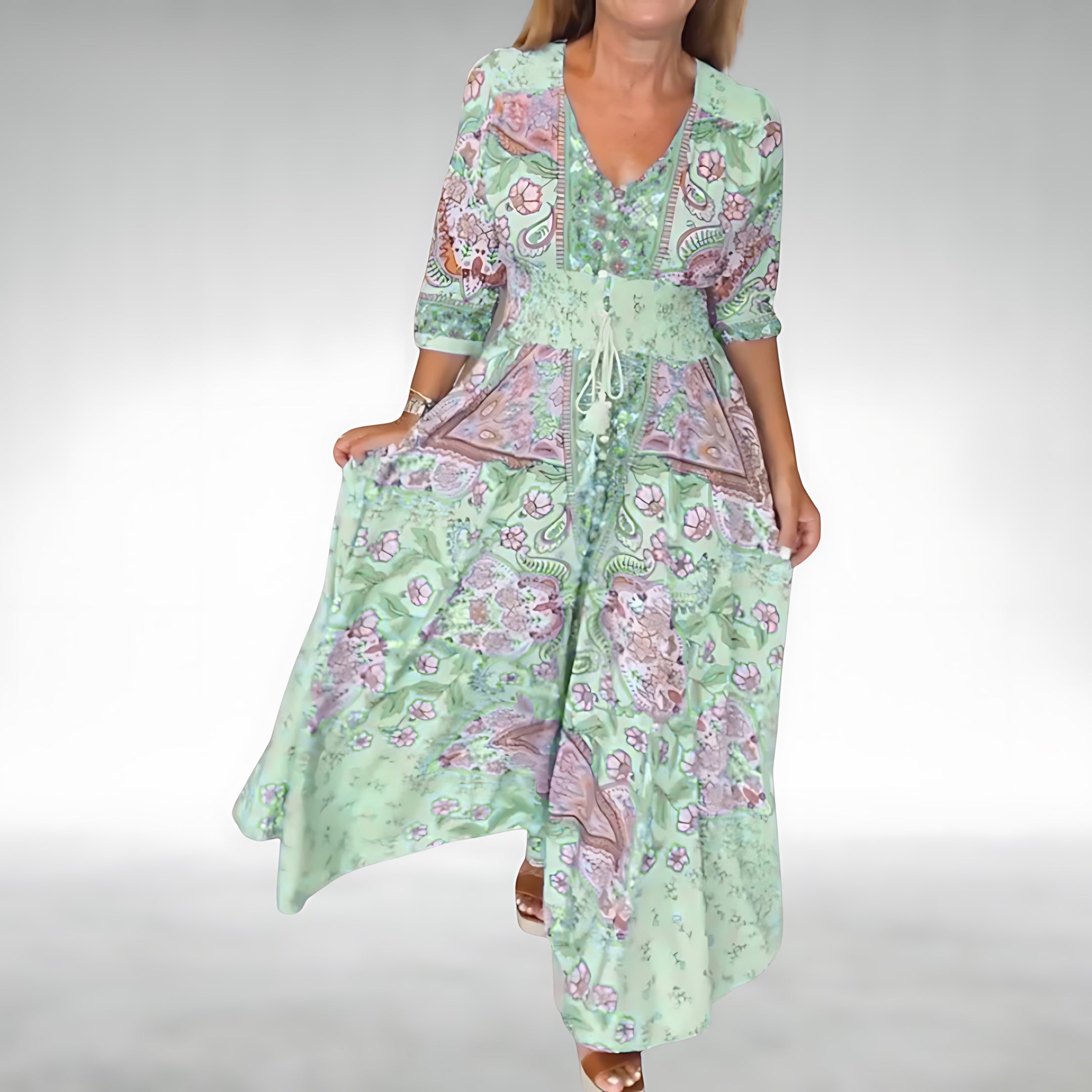 Aria – Floral Print Puff Sleeve V Neck Maxi Dress