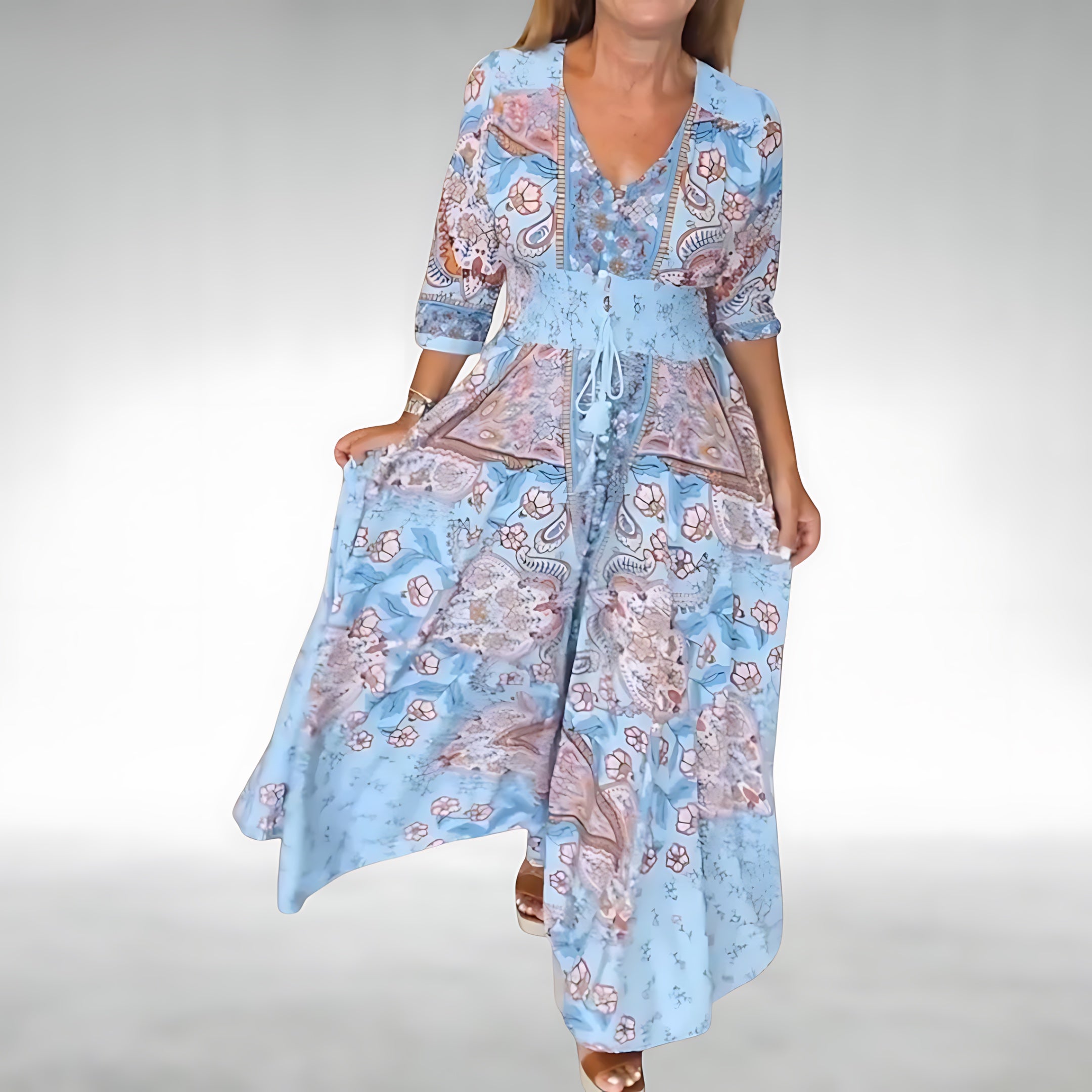 Aria – Floral Print Puff Sleeve V Neck Maxi Dress
