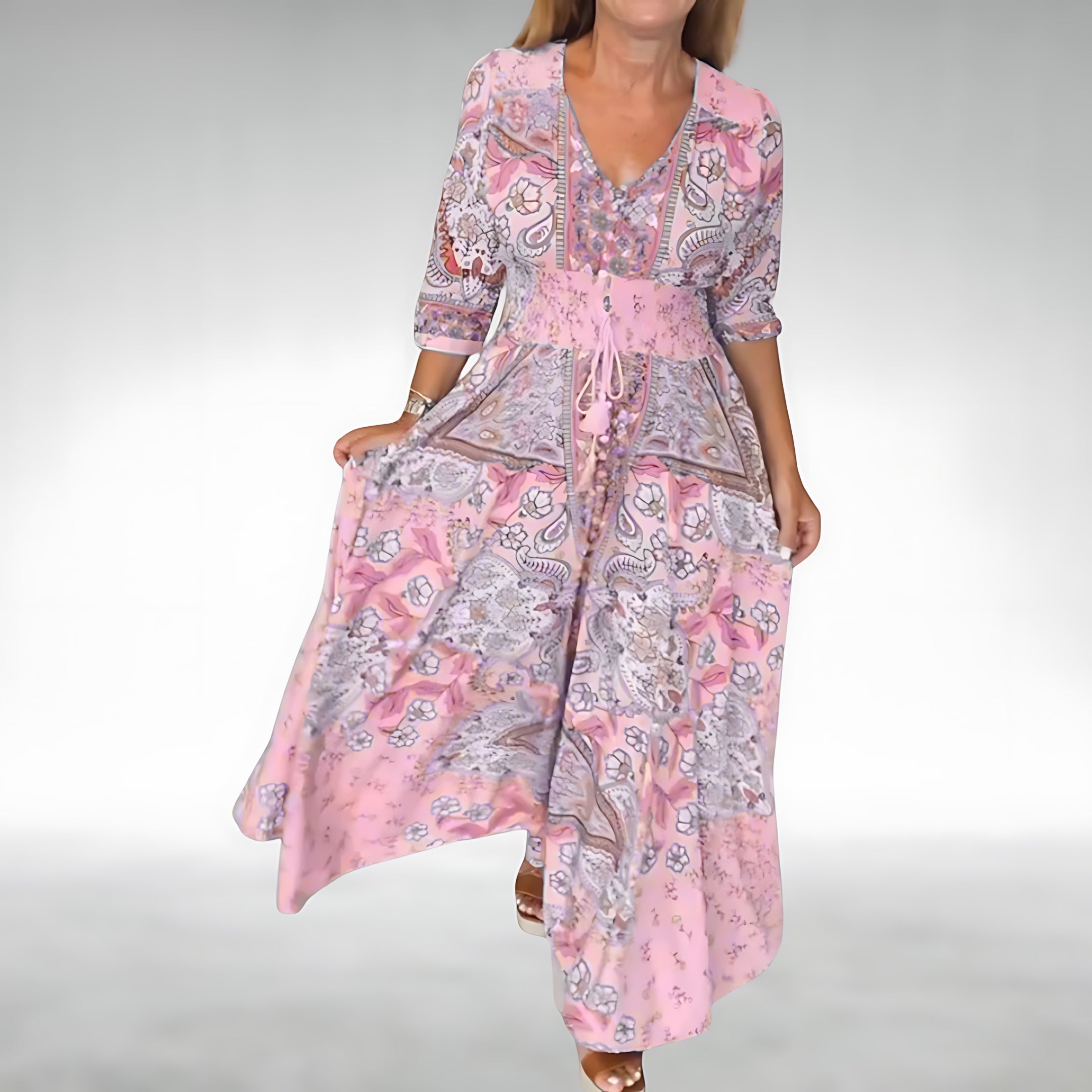 Aria – Floral Print Puff Sleeve V Neck Maxi Dress