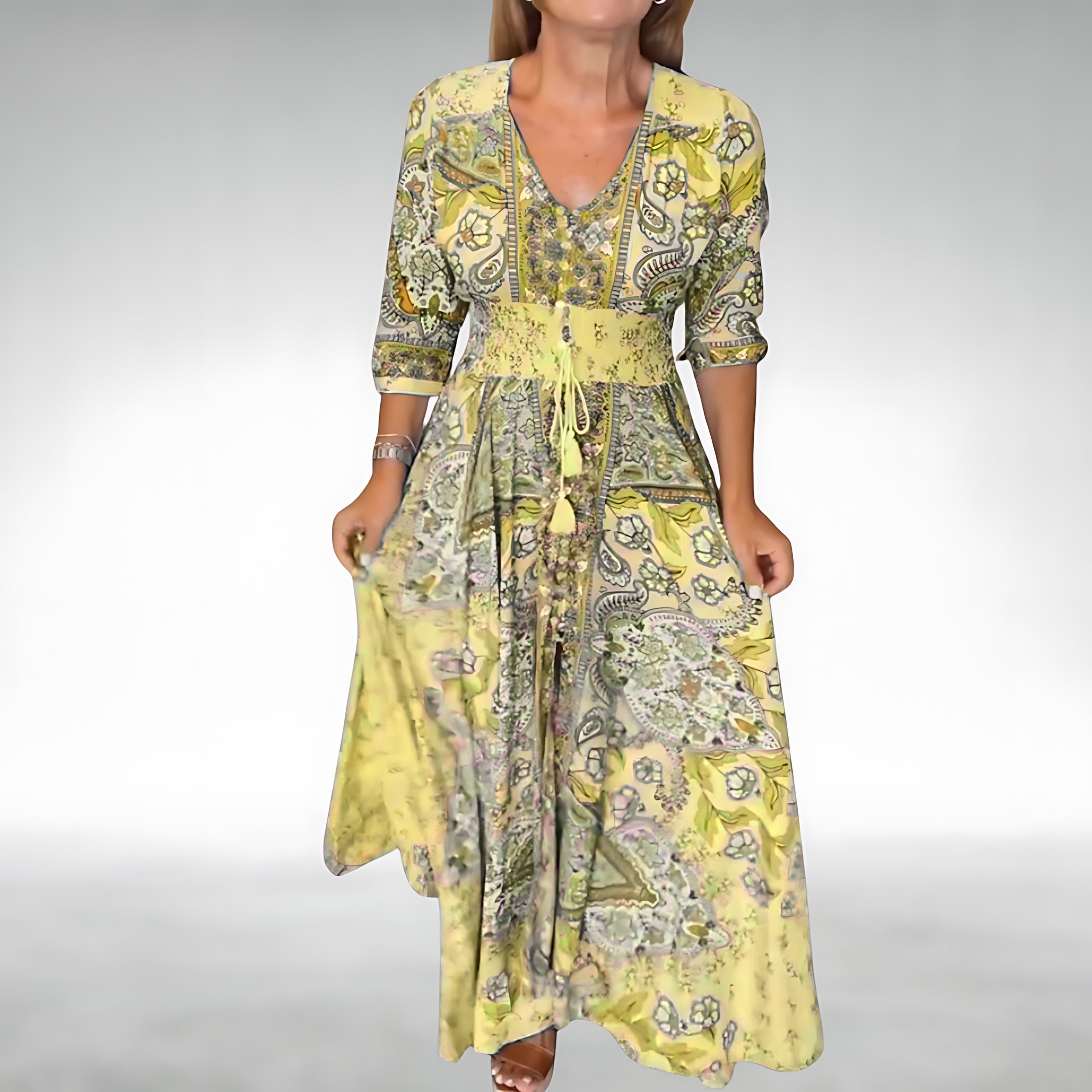 Aria – Floral Print Puff Sleeve V Neck Maxi Dress