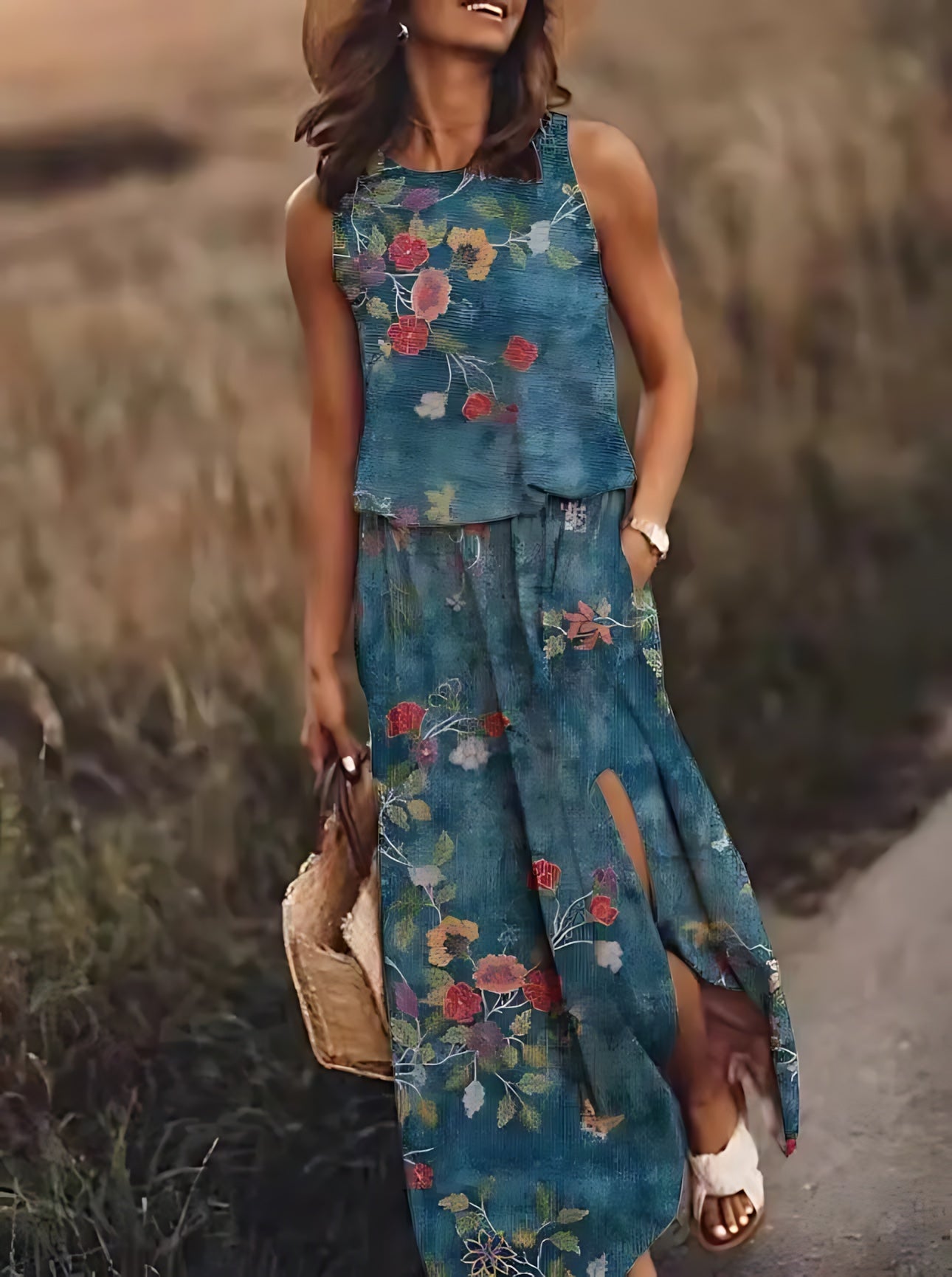 Ariana – Floral Print Scoop Neck Boho Maxi Dress