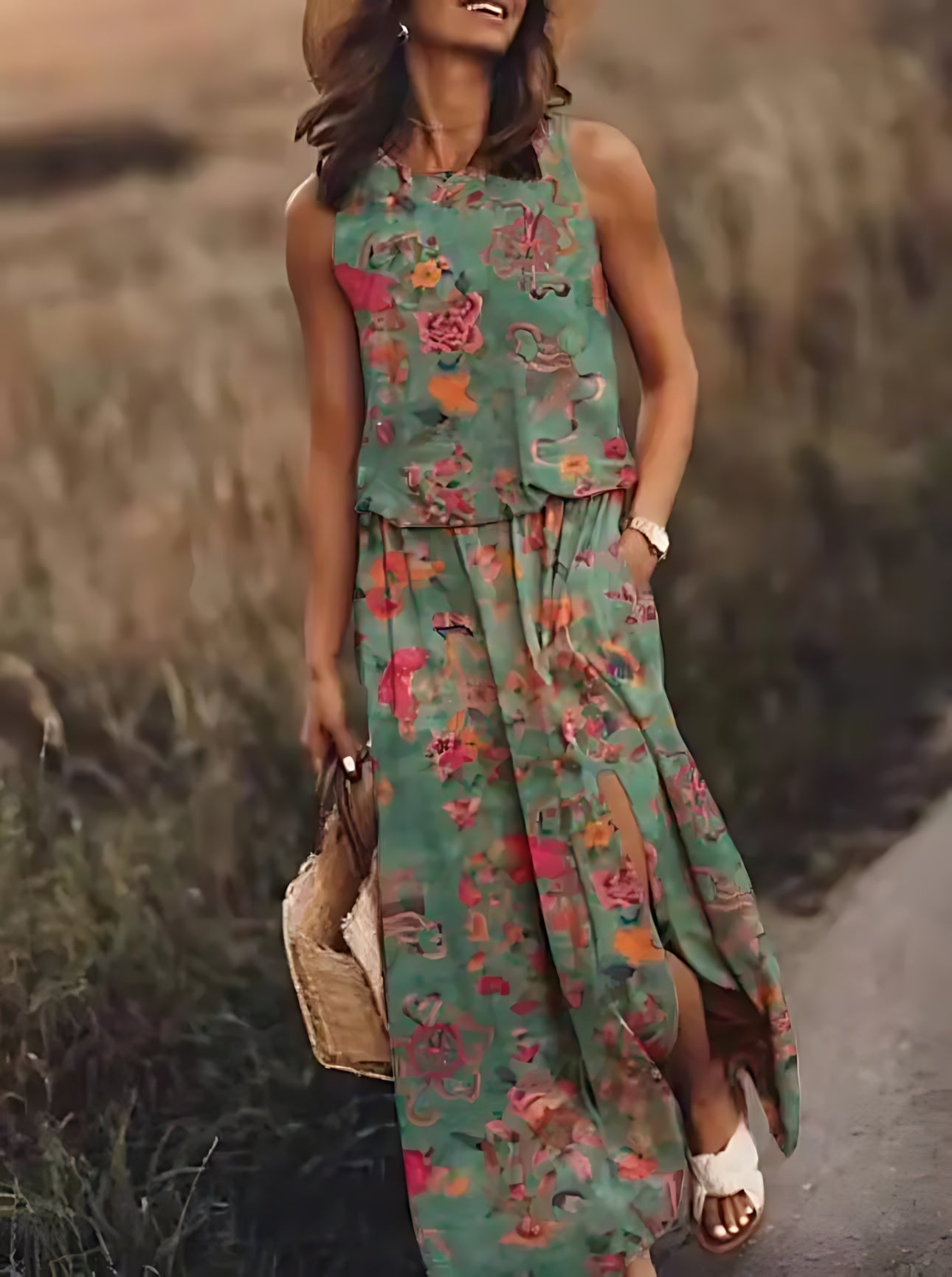 Ariana – Floral Print Scoop Neck Boho Maxi Dress