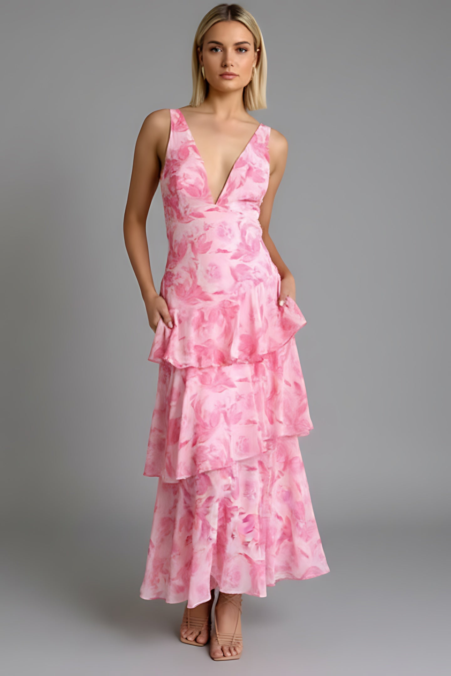 Arya – Floral V Neck Tiered Ruffle Maxi Dress