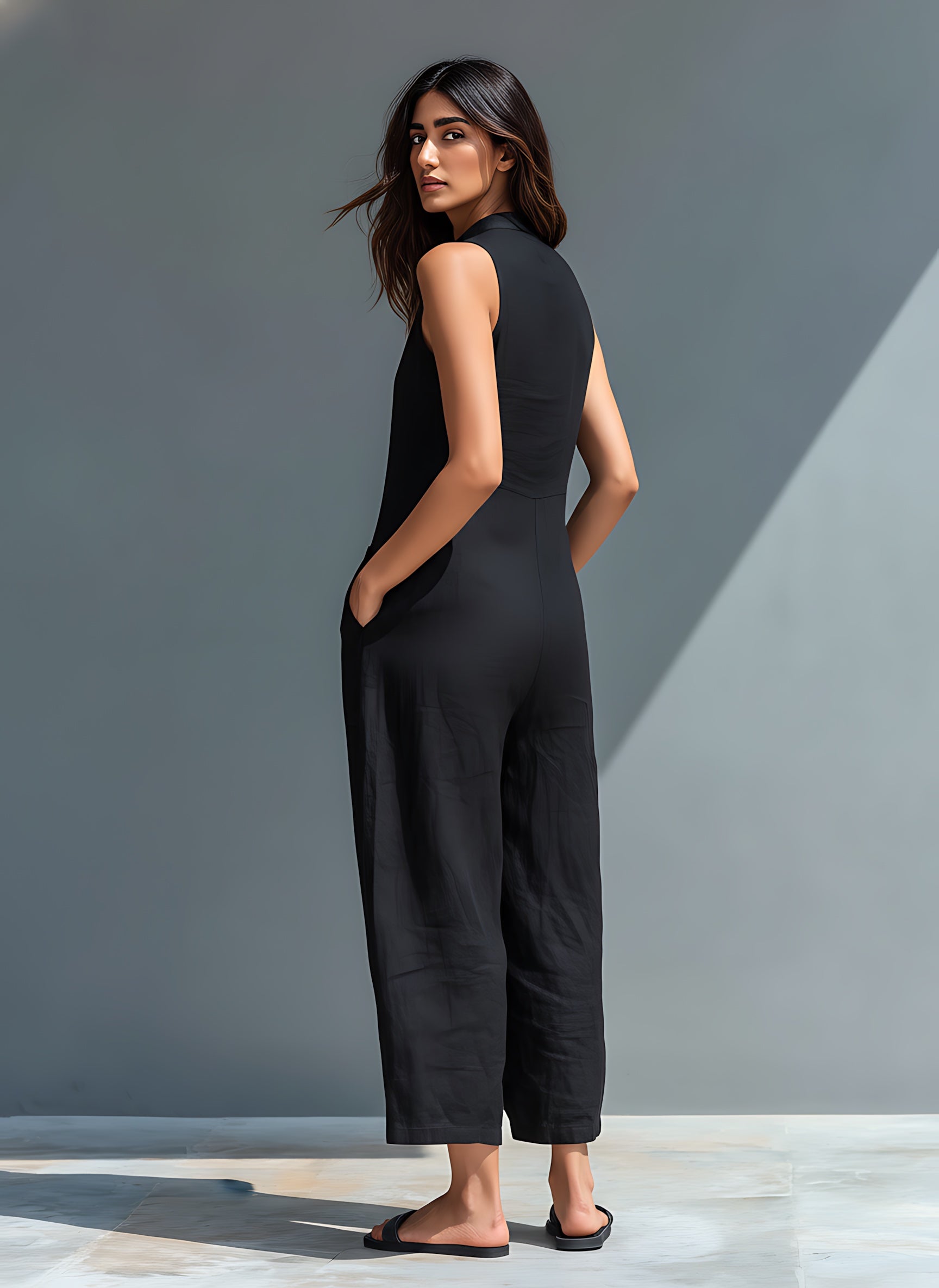 Arya – V Neck Tie Waist Barrel Leg Jumpsuit