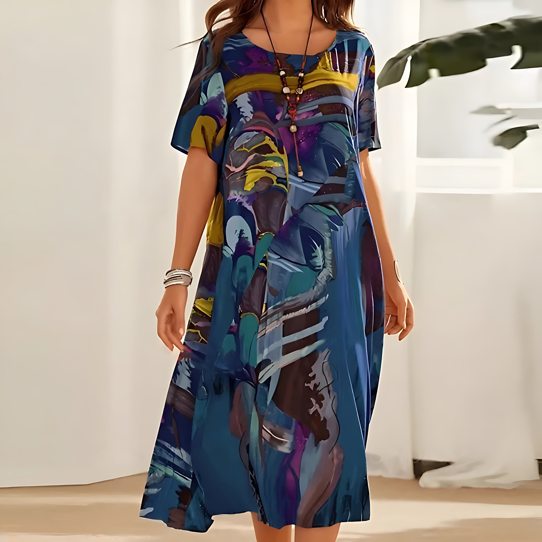Athena – Abstract Floral Print Short Sleeve Midi Dress