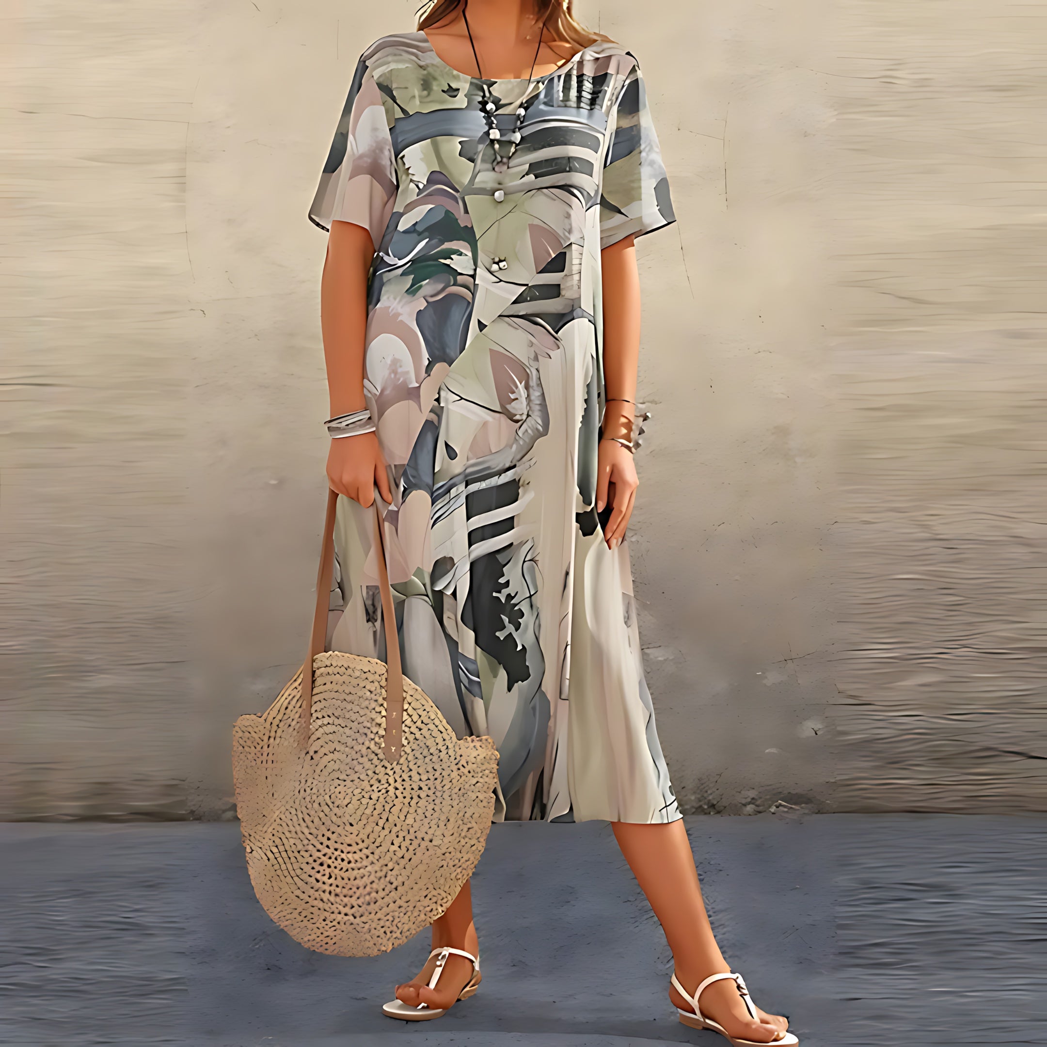 Athena – Abstract Floral Print Short Sleeve Midi Dress