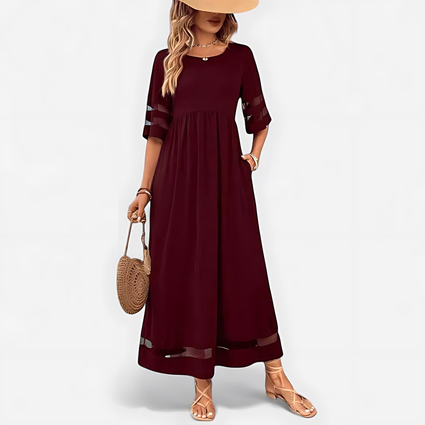 Athena – Mesh Panel Round Neck Flowy Maxi Dress