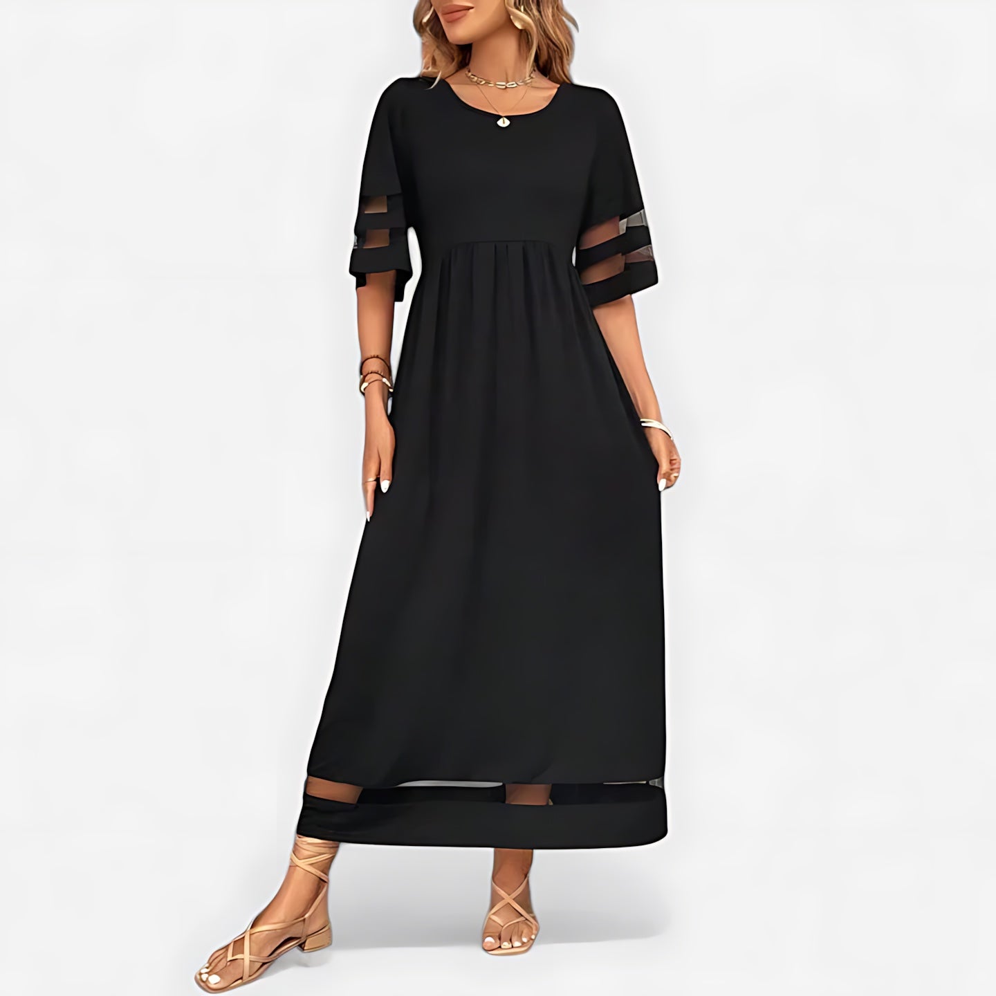 Athena – Mesh Panel Round Neck Flowy Maxi Dress