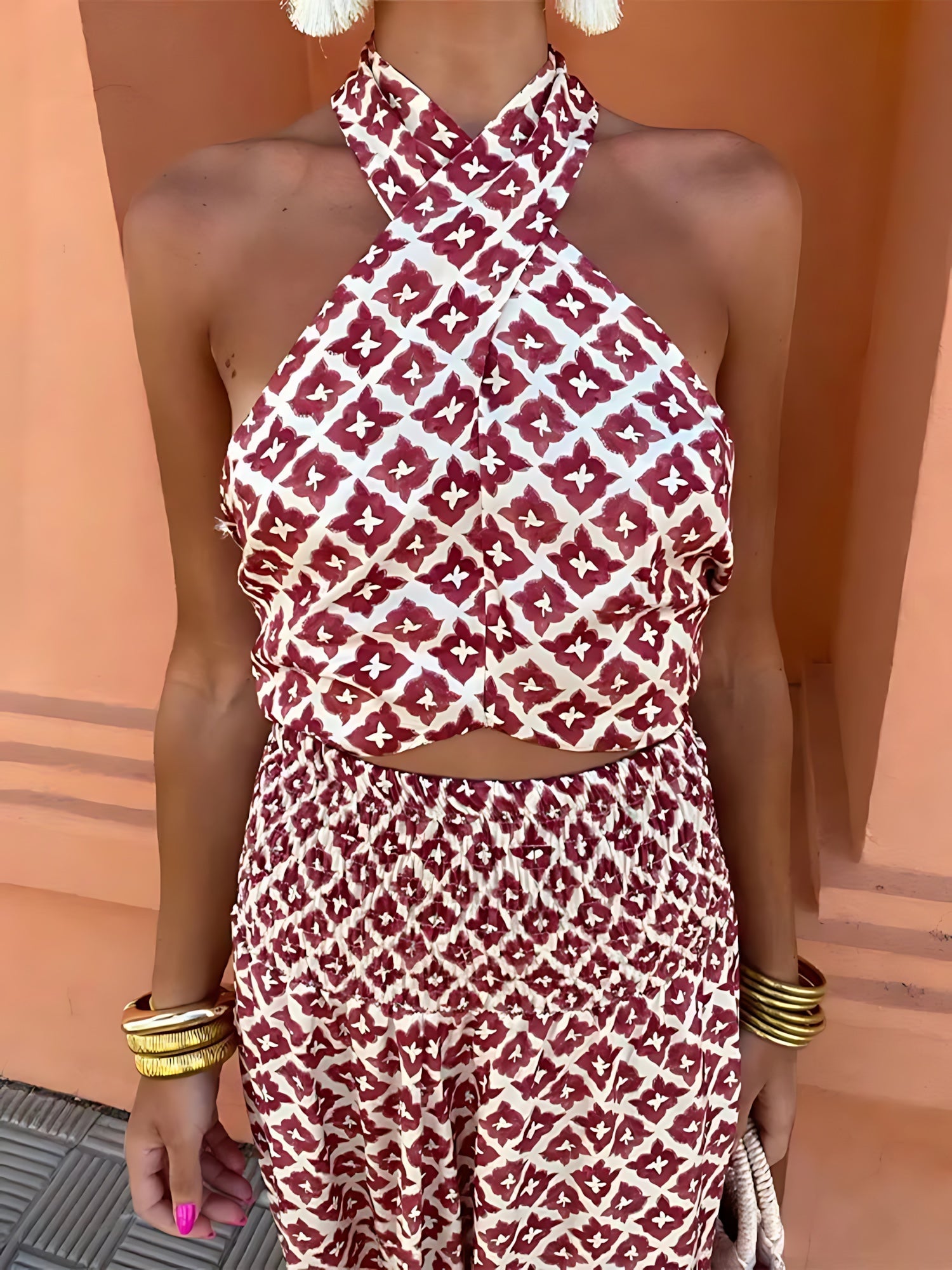 Aubrey – Ditsy Print Halter Summer Maxi Dress