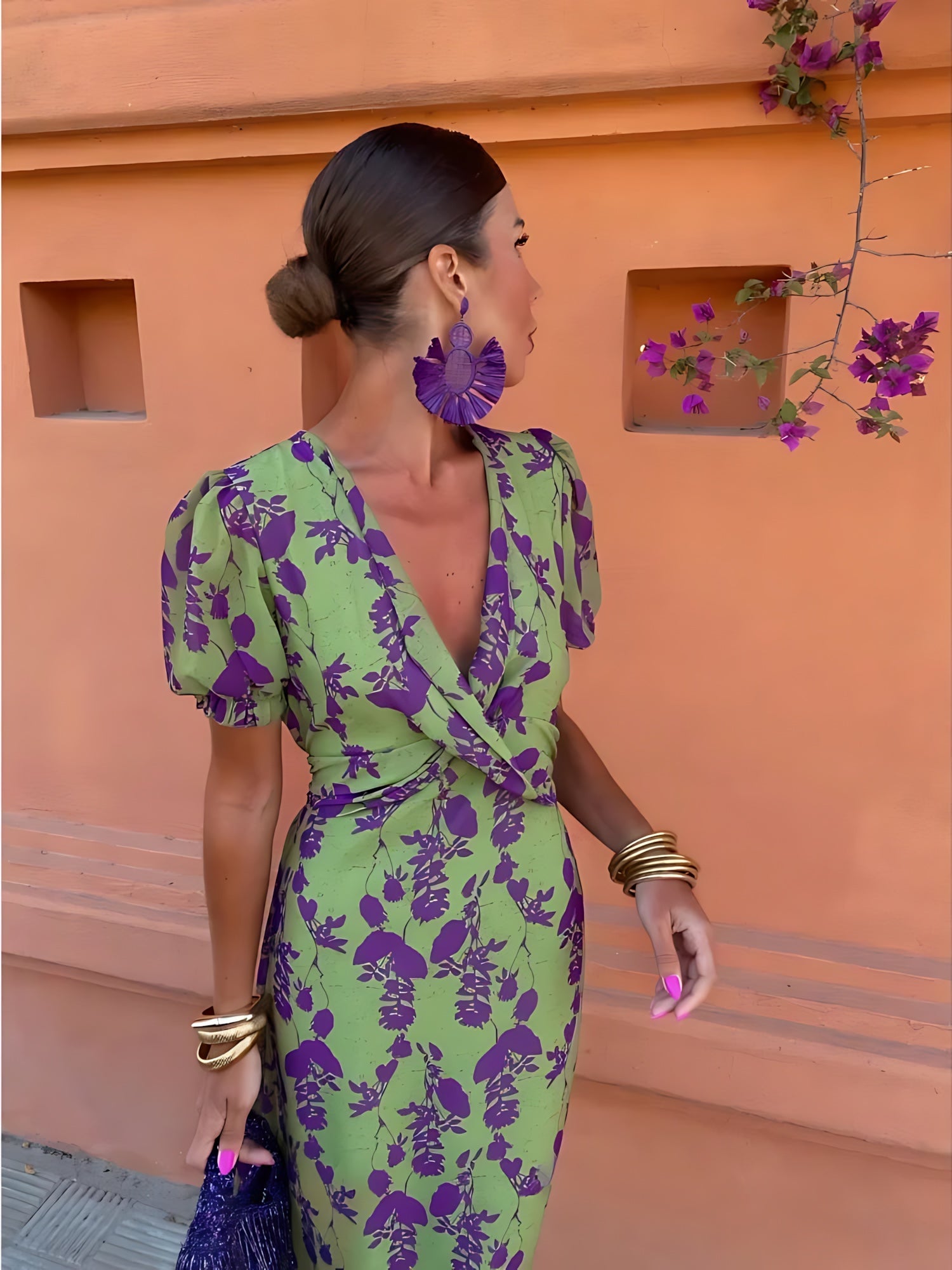 Aubrey – Floral Twist Front Puff Sleeve Midi Dress