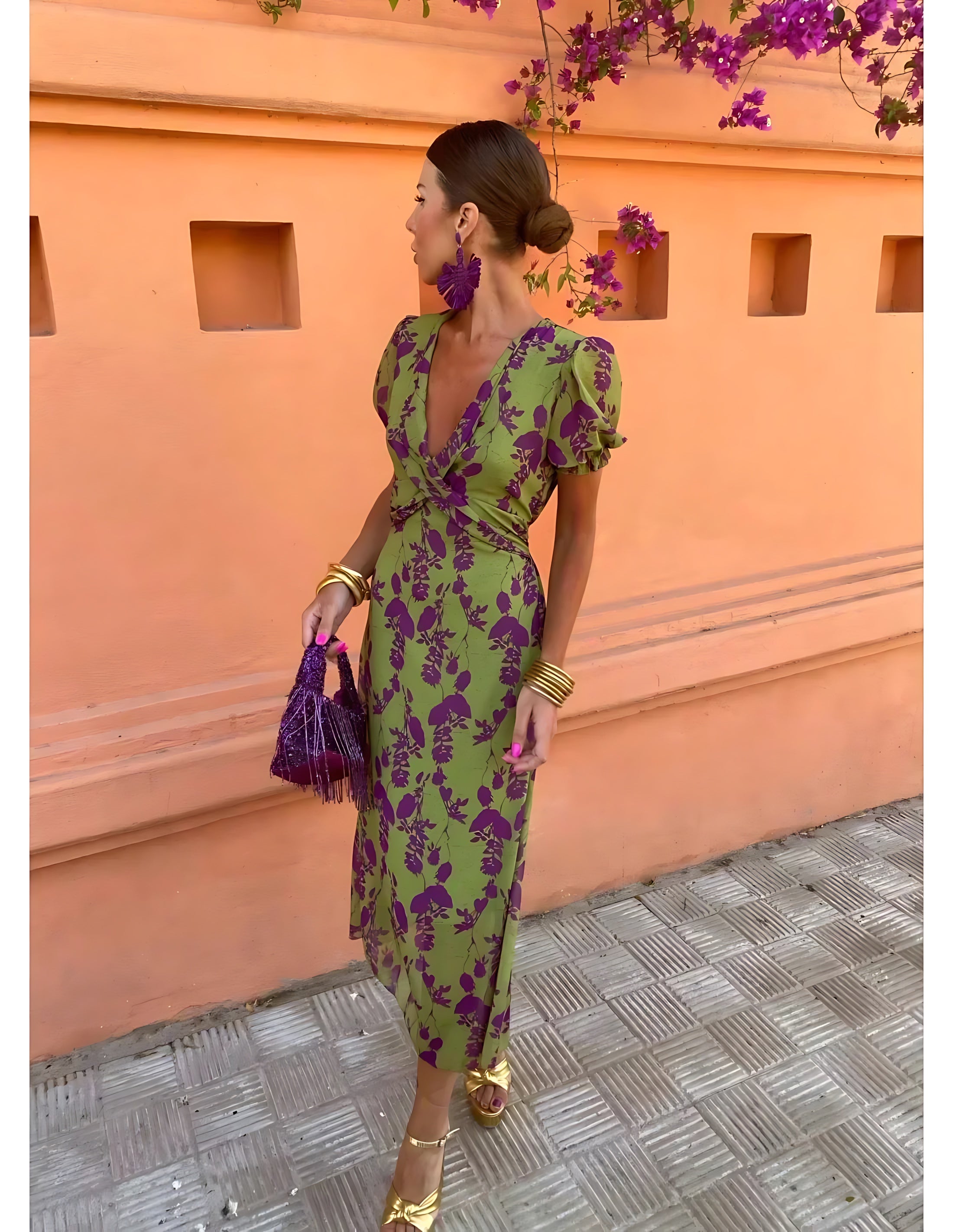 Aubrey – Floral Twist Front Puff Sleeve Midi Dress