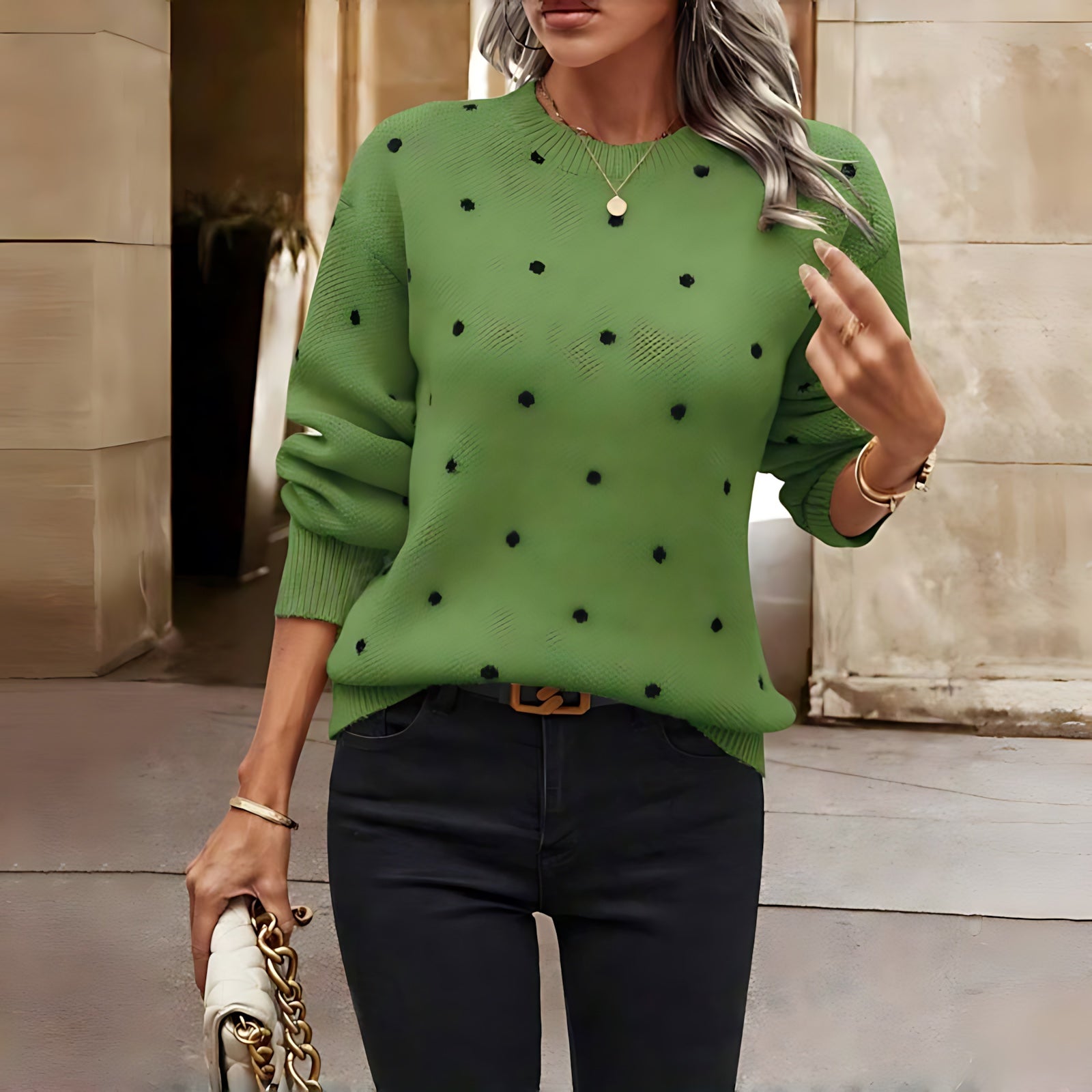 Aubrey – Polka Dot Crew Neck Knit Sweater