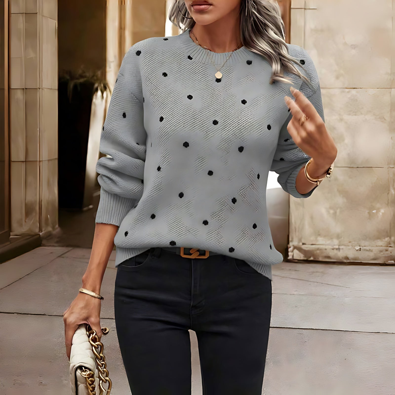 Aubrey – Polka Dot Crew Neck Knit Sweater