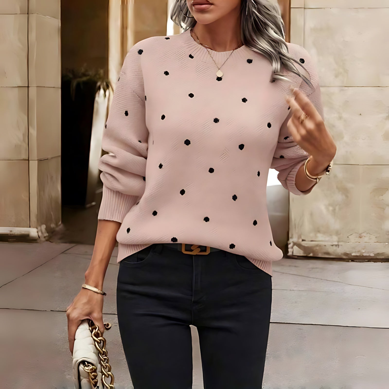 Aubrey – Polka Dot Crew Neck Knit Sweater