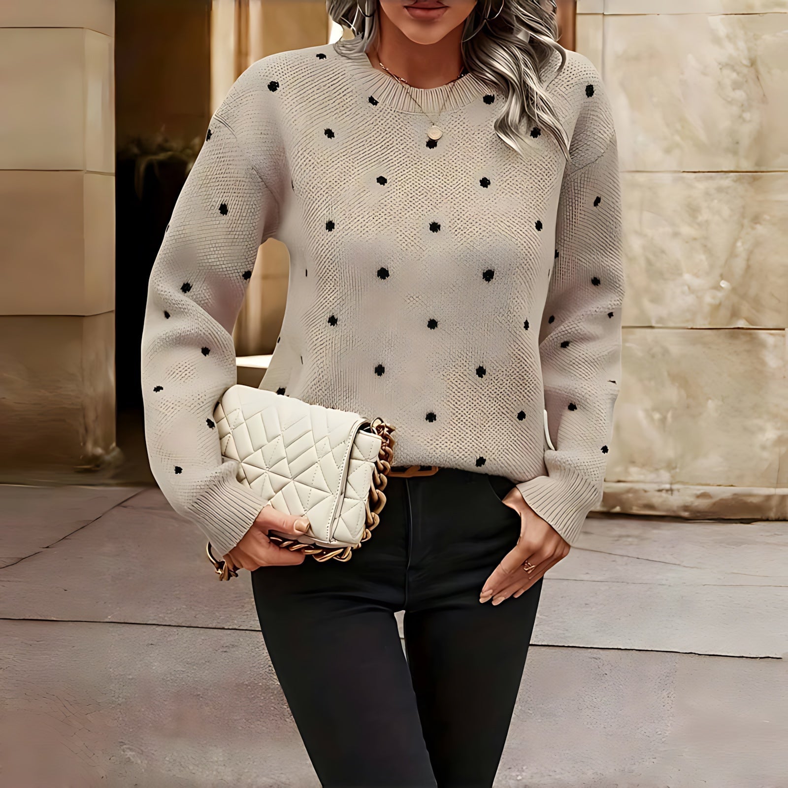 Aubrey – Polka Dot Crew Neck Knit Sweater