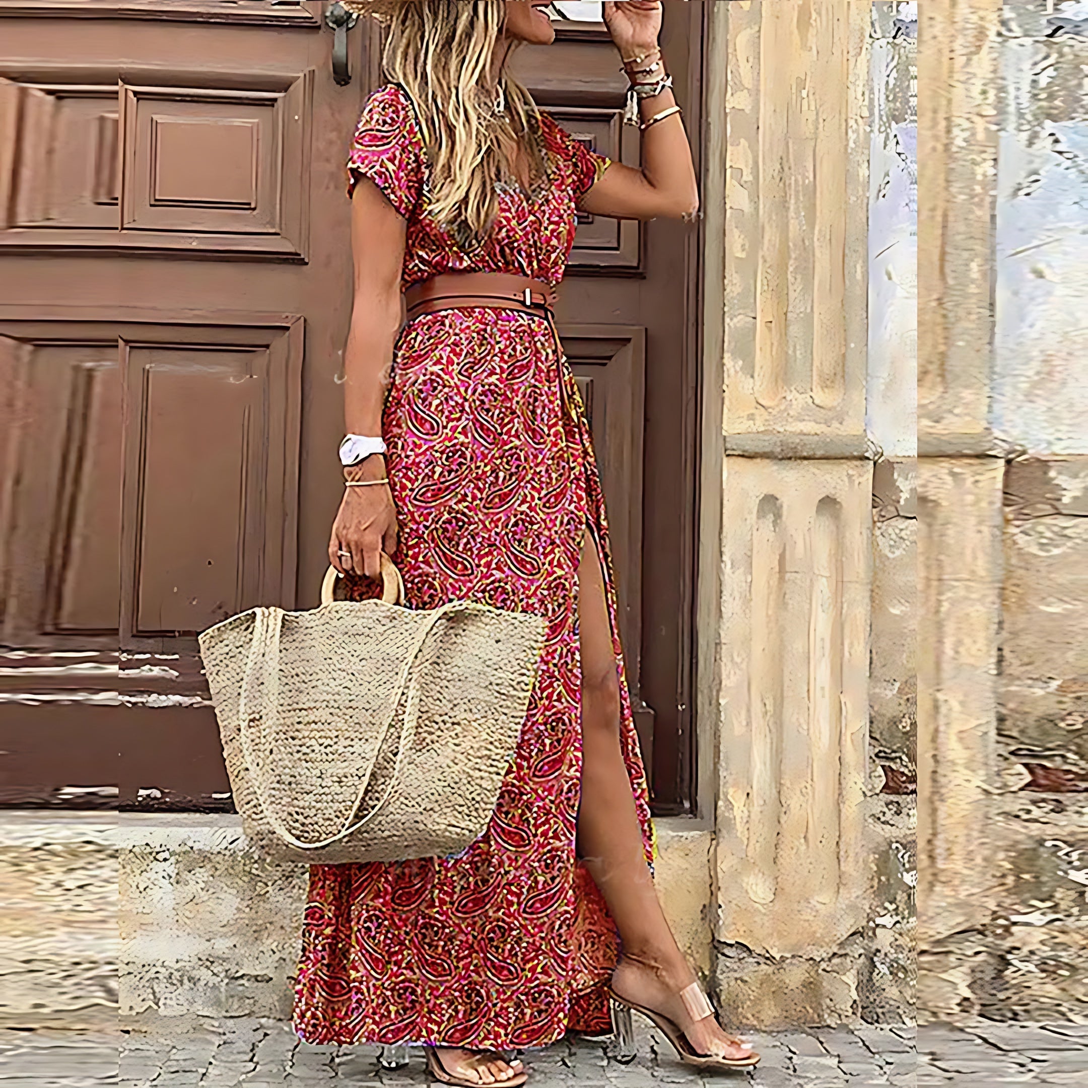 Audrey – Ditsy Print Top and Slit Maxi Skirt Set