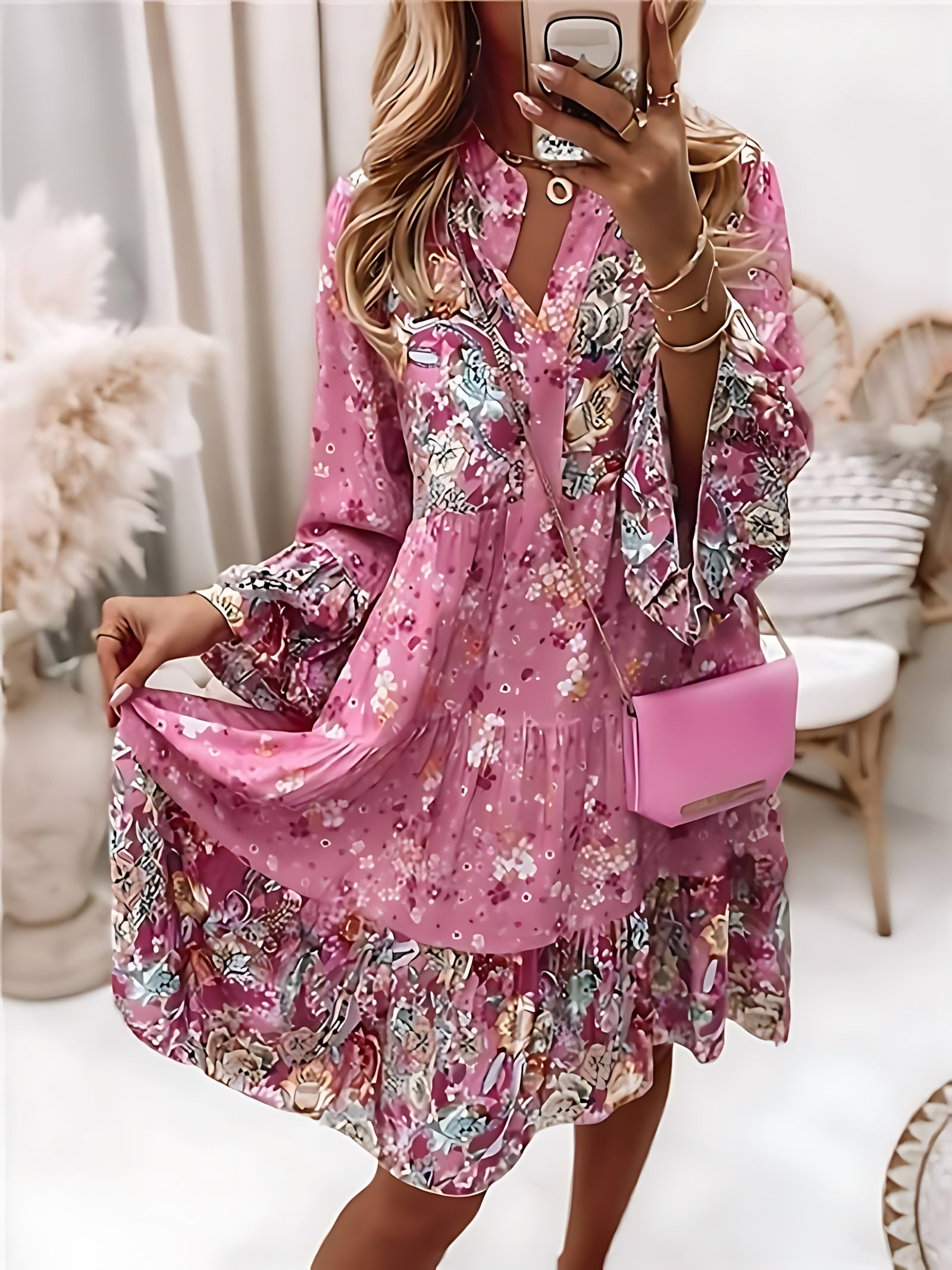 Audrey – Floral V Neck Long Sleeve Tiered Midi Dress
