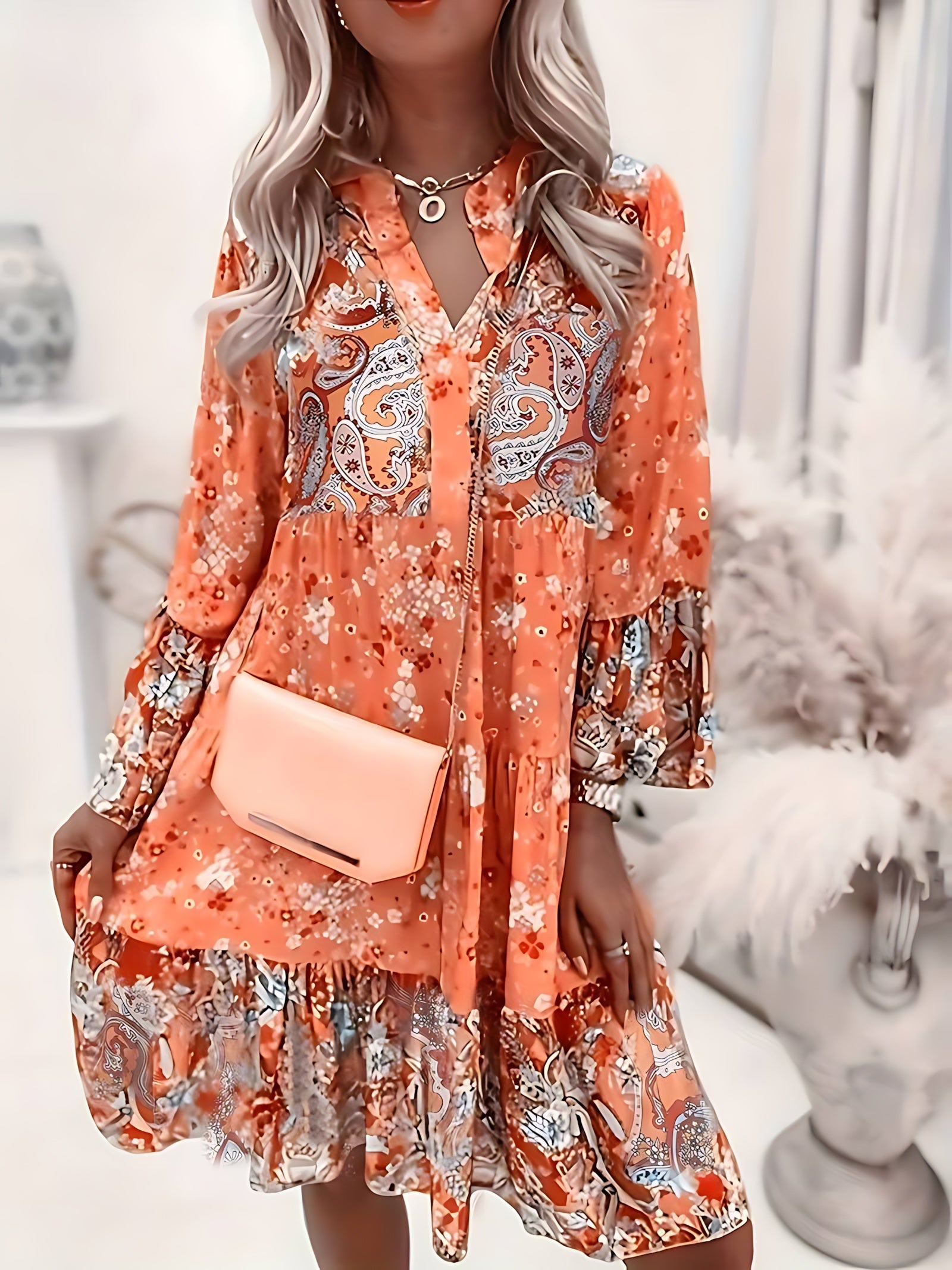 Audrey – Floral V Neck Long Sleeve Tiered Midi Dress